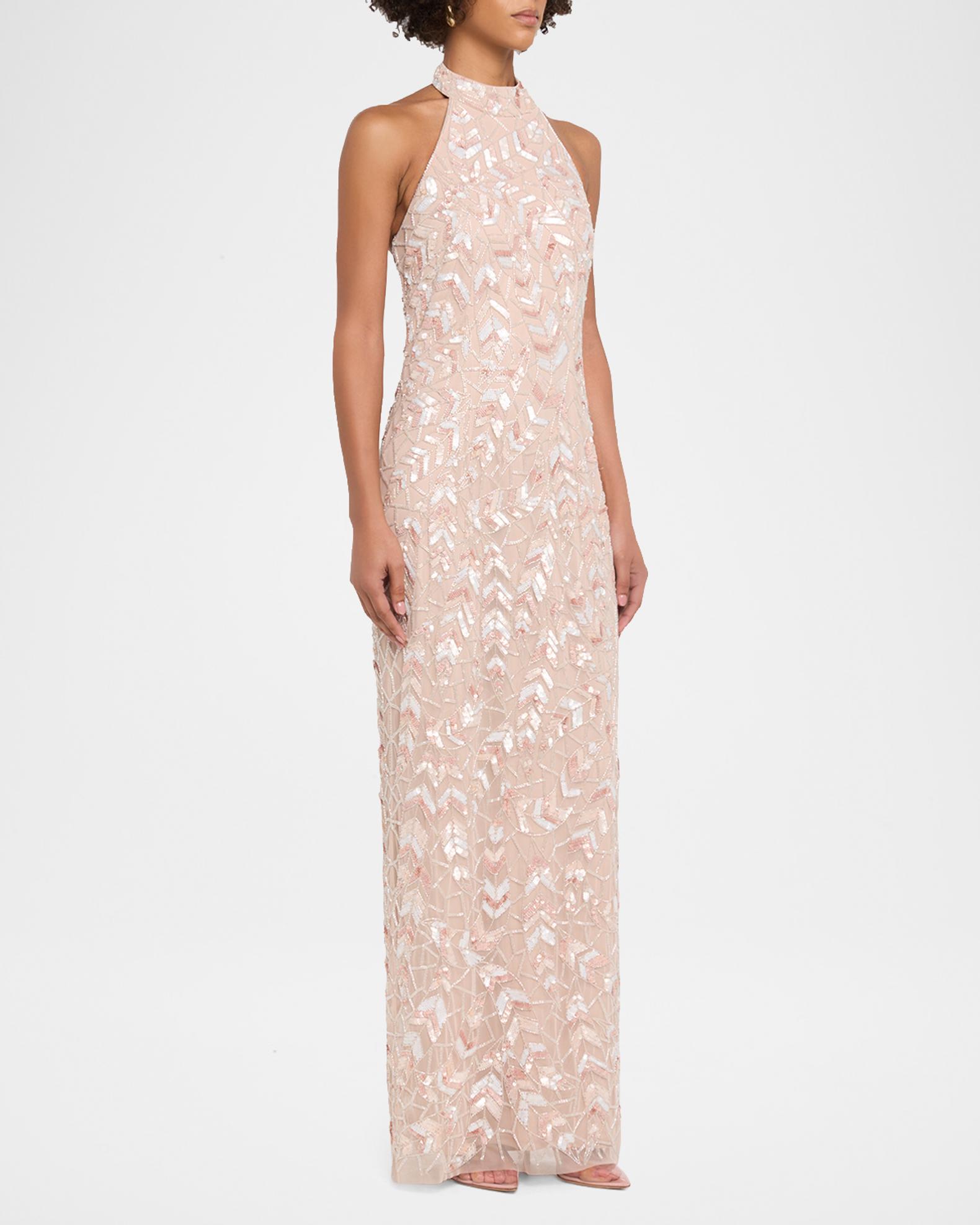 aidan mattox white beaded dress Sequin Leaf Halter Gown In Rose Quartz This sexy special occasion