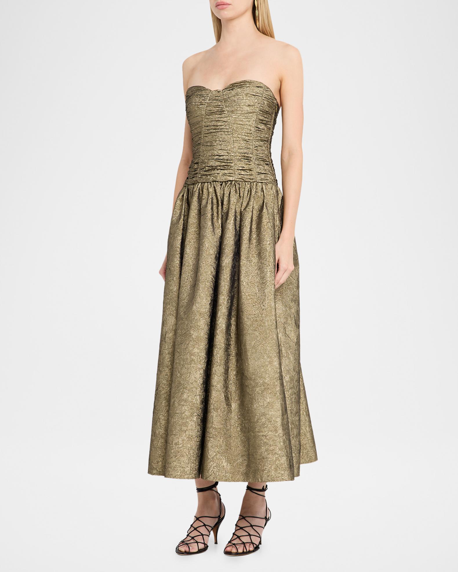 Ulla Johnson | Women's Lumina Strapless Taffeta in Gold Corset Pleated Midi Dress Size 12 | Evening Dress