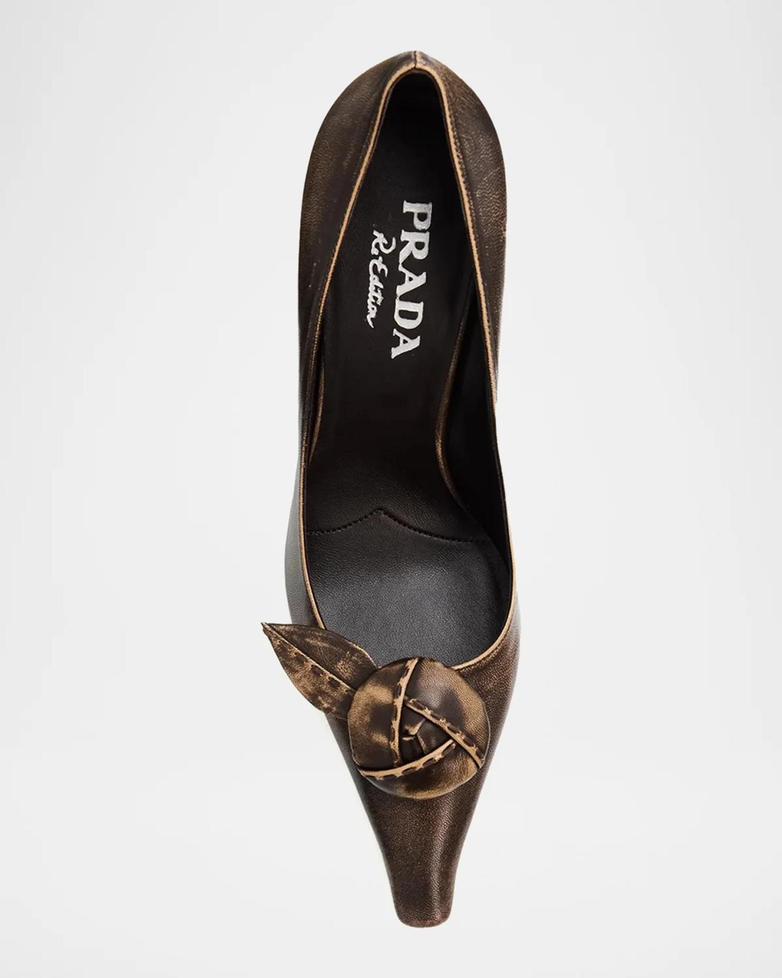 Prada 95mm Rosette Distressed Leather Pumps | Neiman Marcus