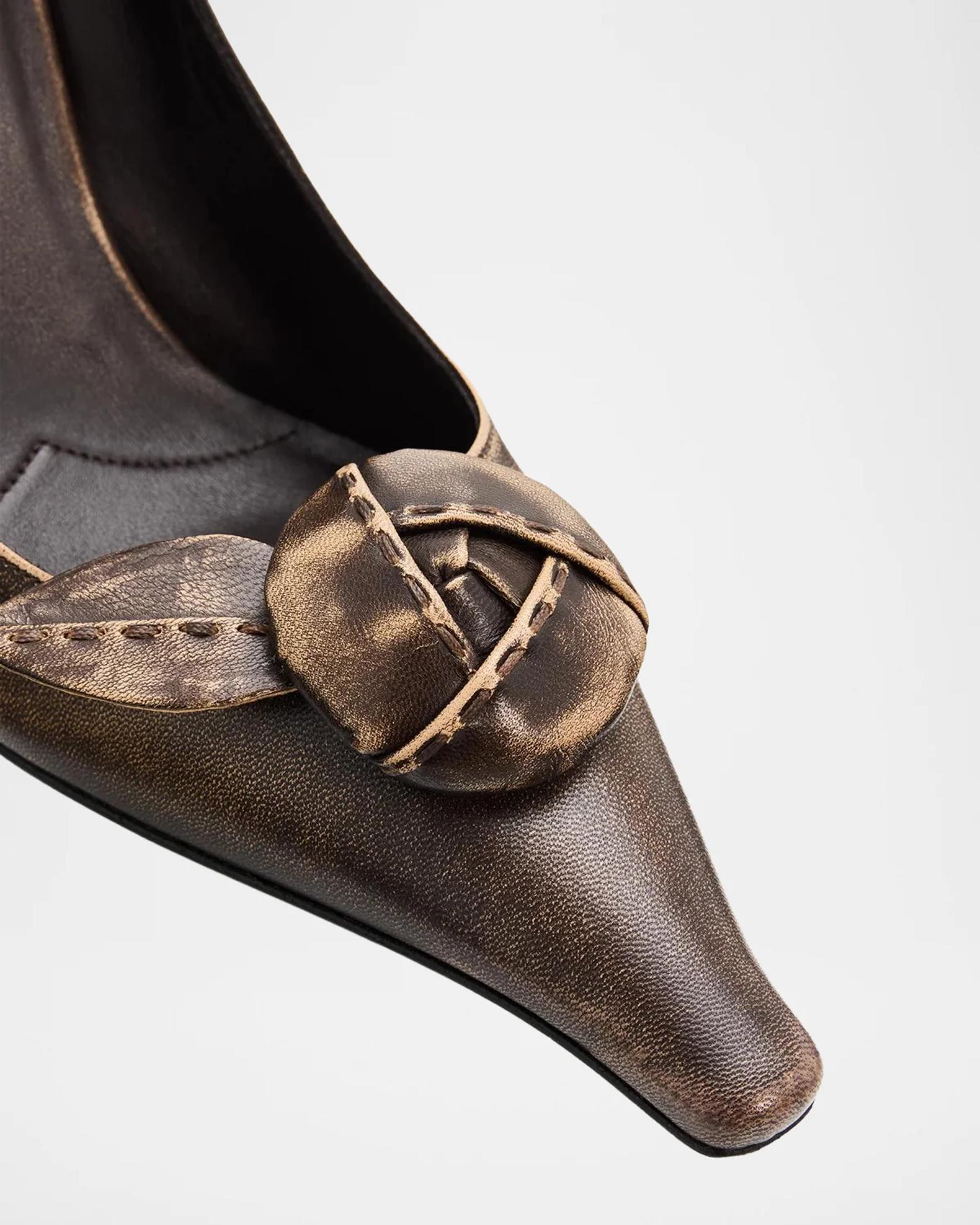 Prada 95mm Rosette Distressed Leather Pumps | Neiman Marcus