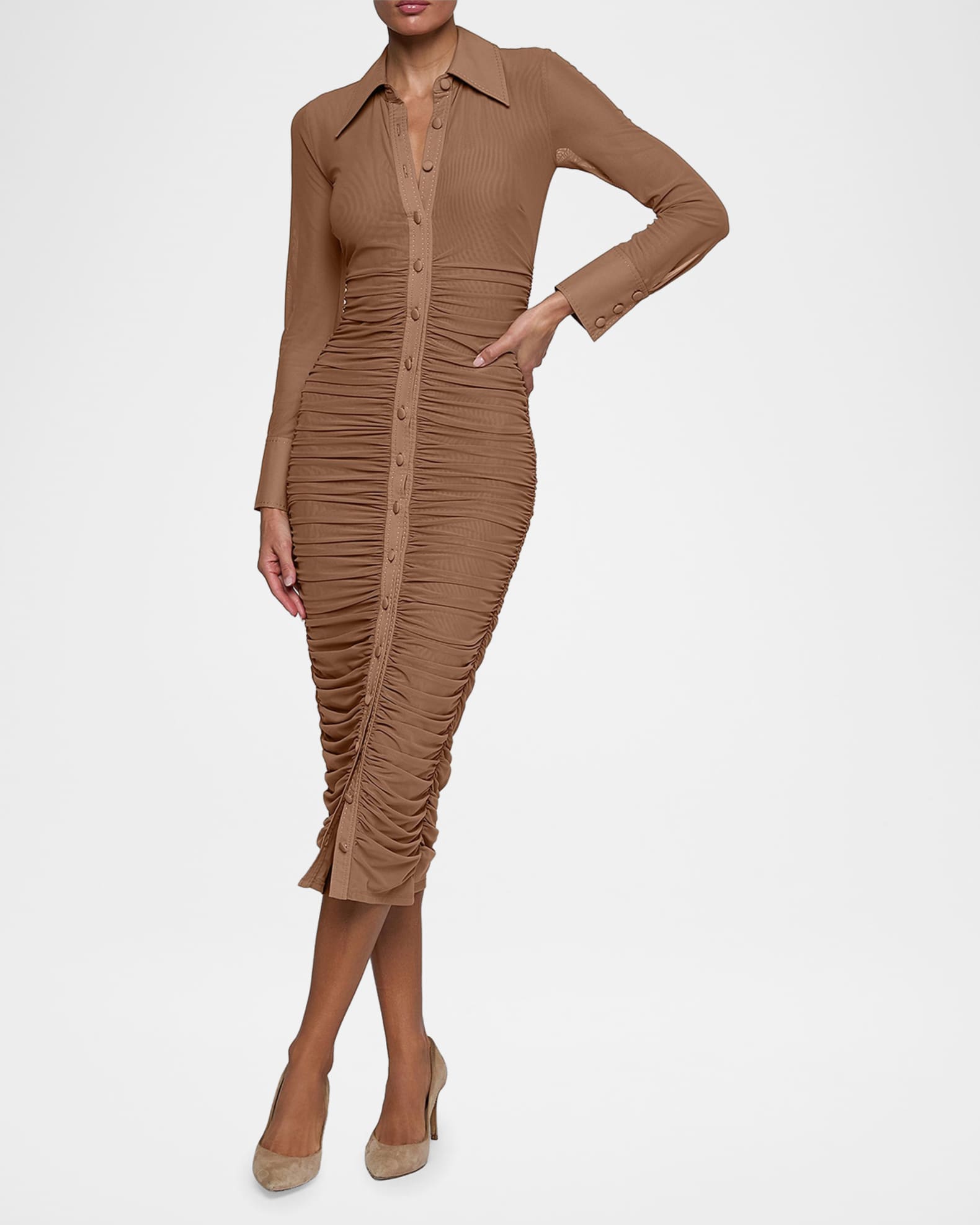 L'Agence Adriana Ruched Body-Con Midi Shirtdress | Neiman Marcus