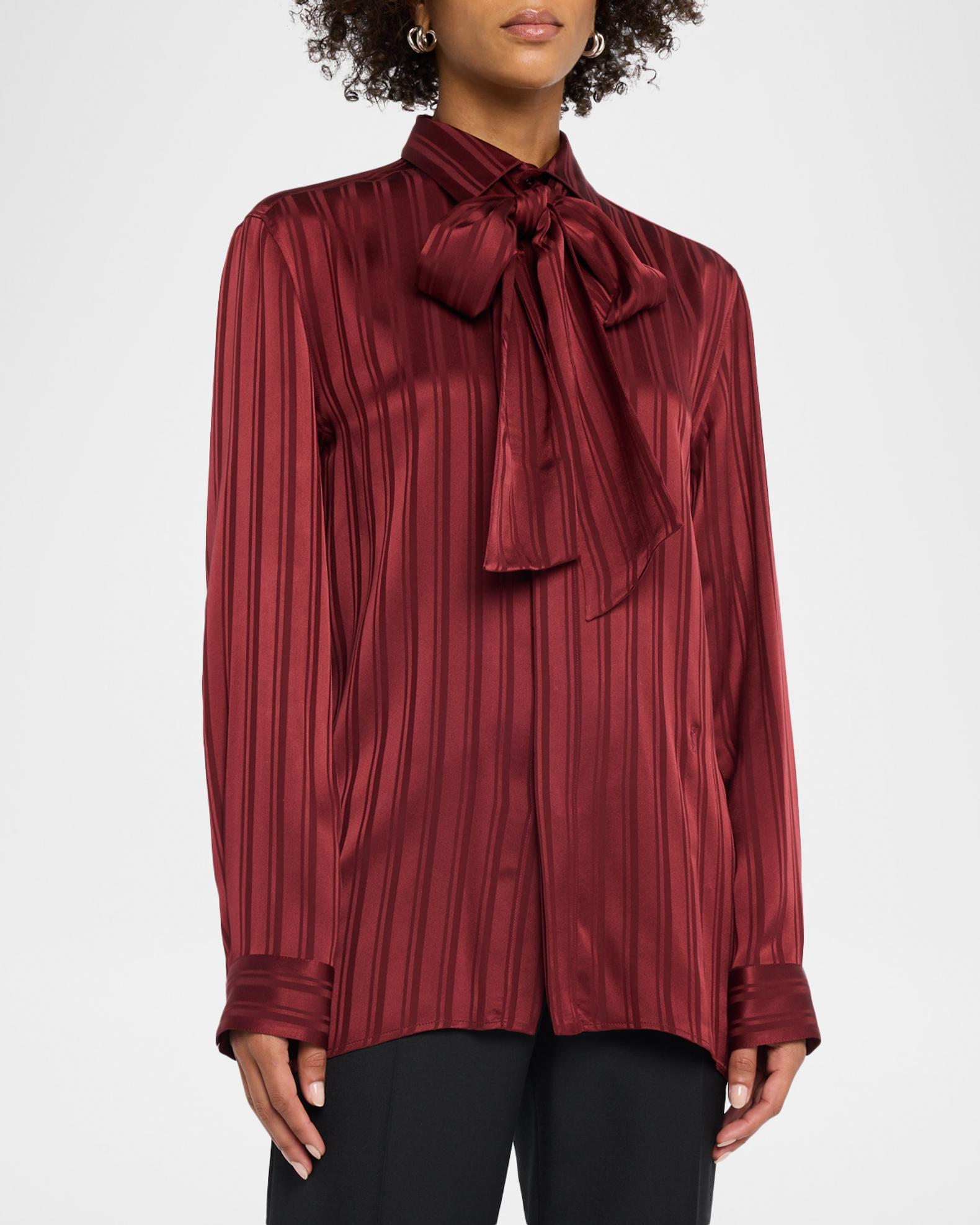 Saint Laurent Striped Silk Jacquard Cassandre Lavalliere Blouse