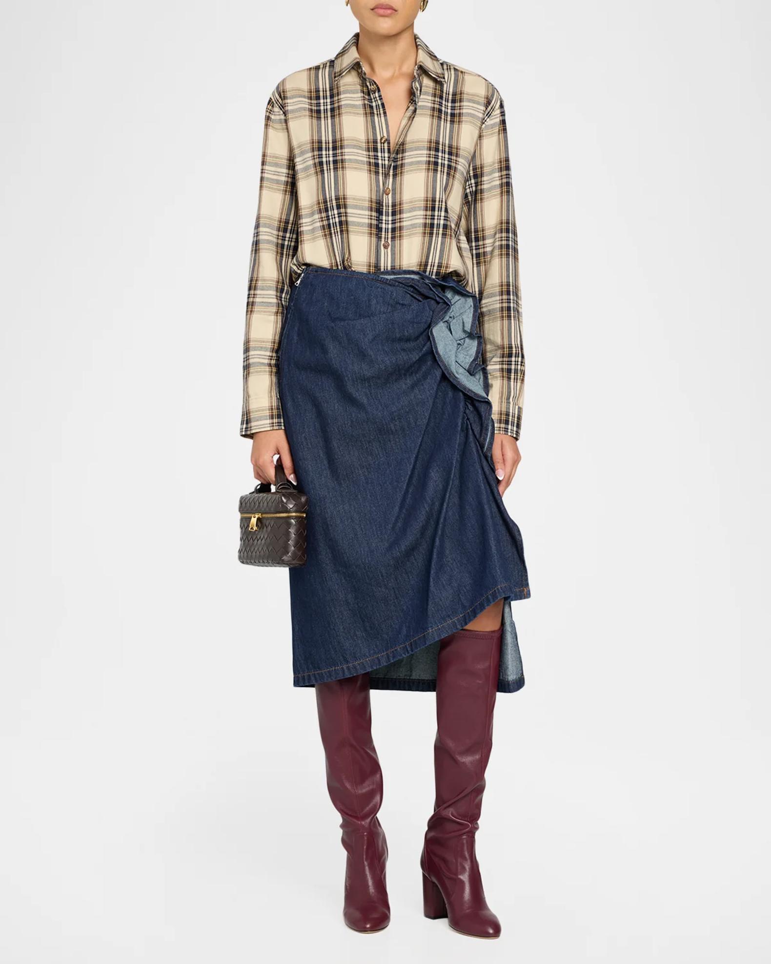 Dries Van Noten Ruffled Denim Midi Skirt | Neiman Marcus