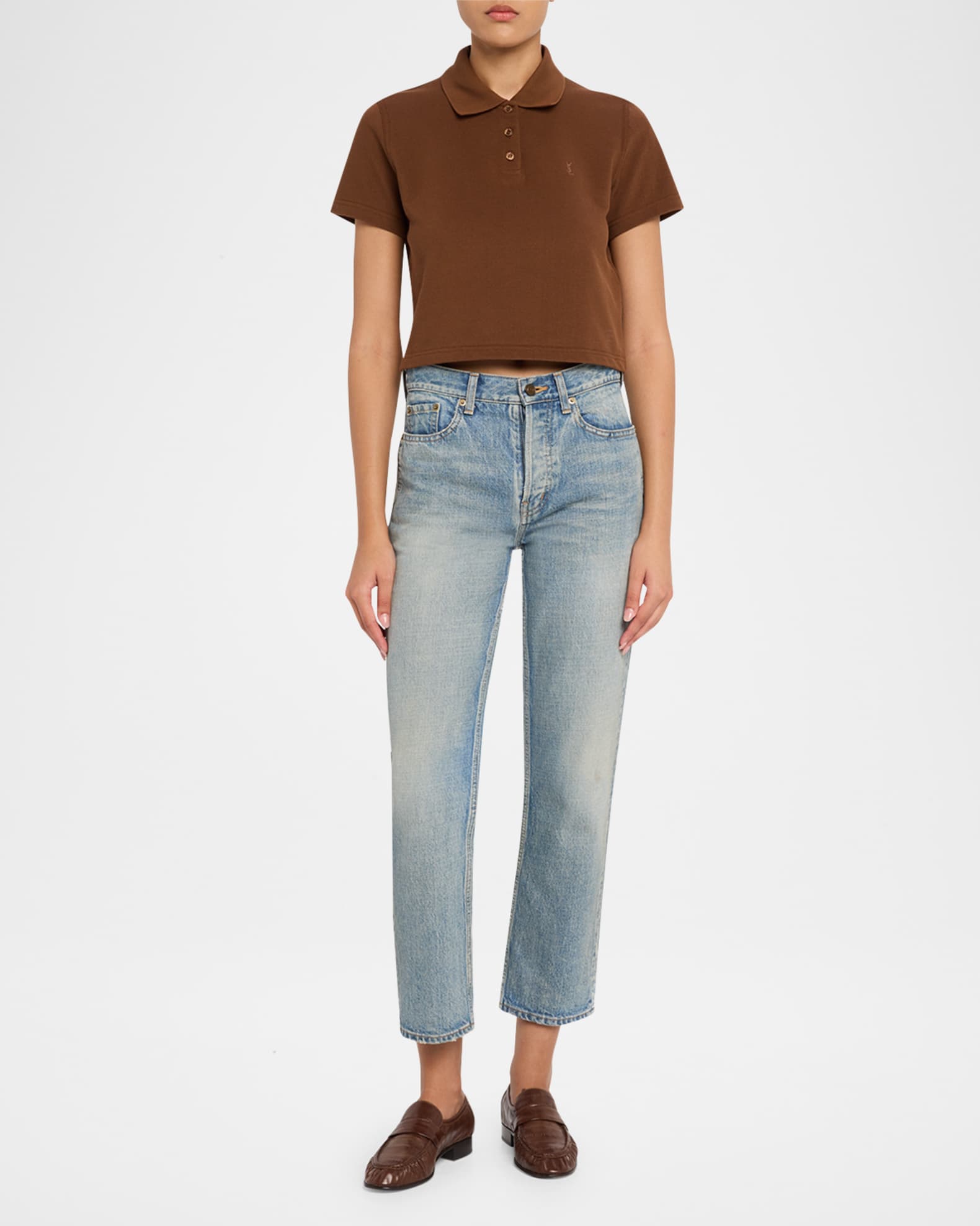 Saint Laurent YSL Cotton Pique Crop Polo Shirt | Neiman Marcus