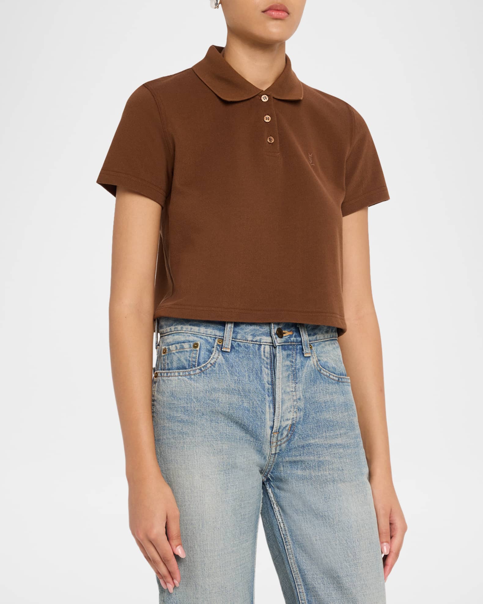 Saint Laurent YSL Cotton Pique Crop Polo Shirt | Neiman Marcus