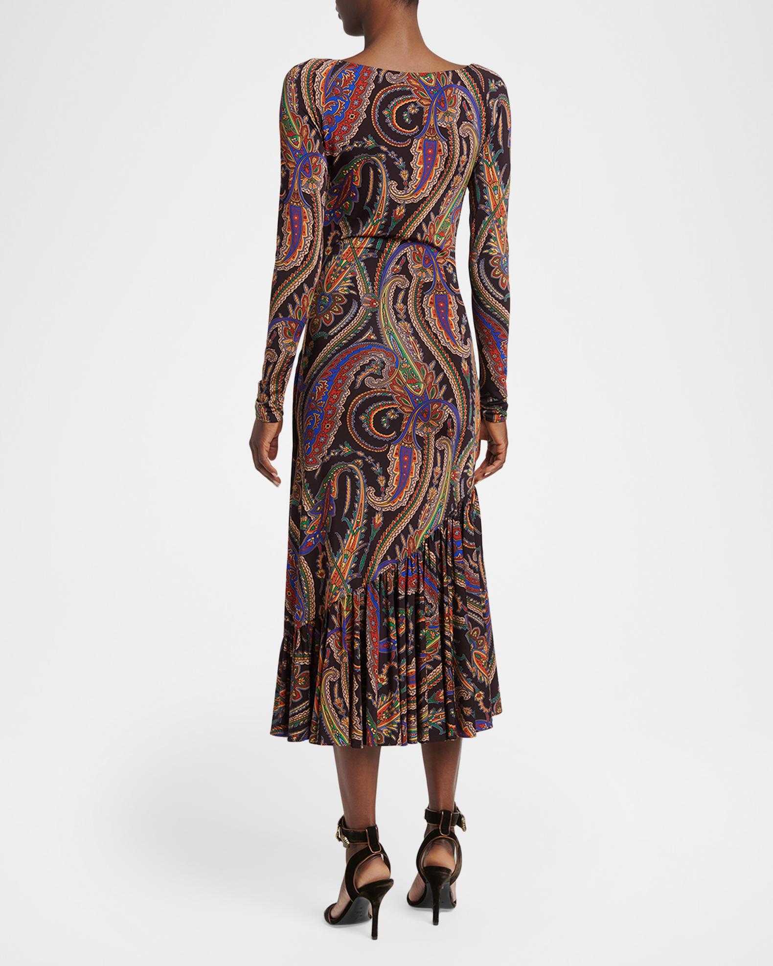 Etro Long-Sleeve Paisley Jersey Ruffle Midi Dress