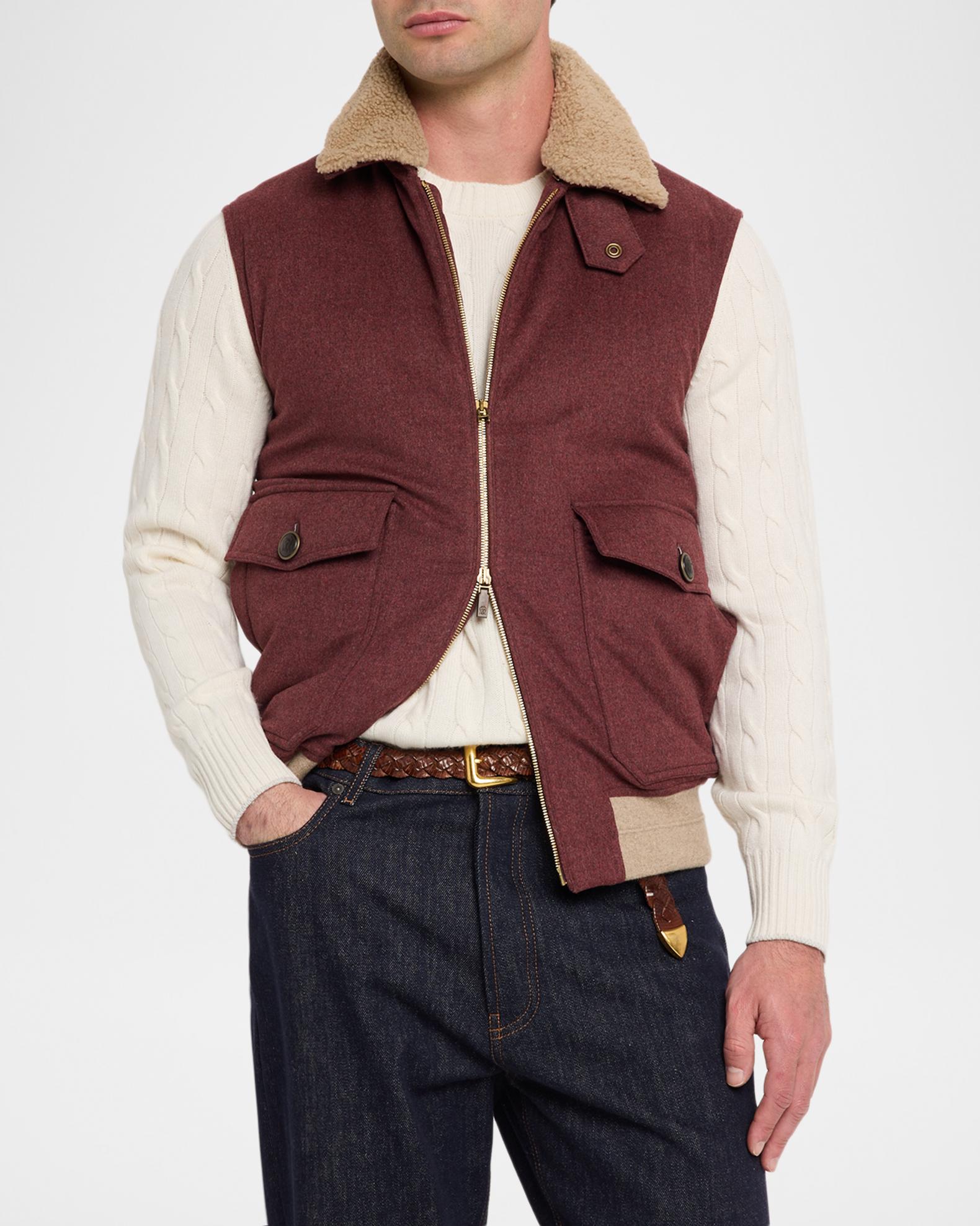 Brunello Cucinelli Men's Shearling-Collar Wool Down Padded Vest