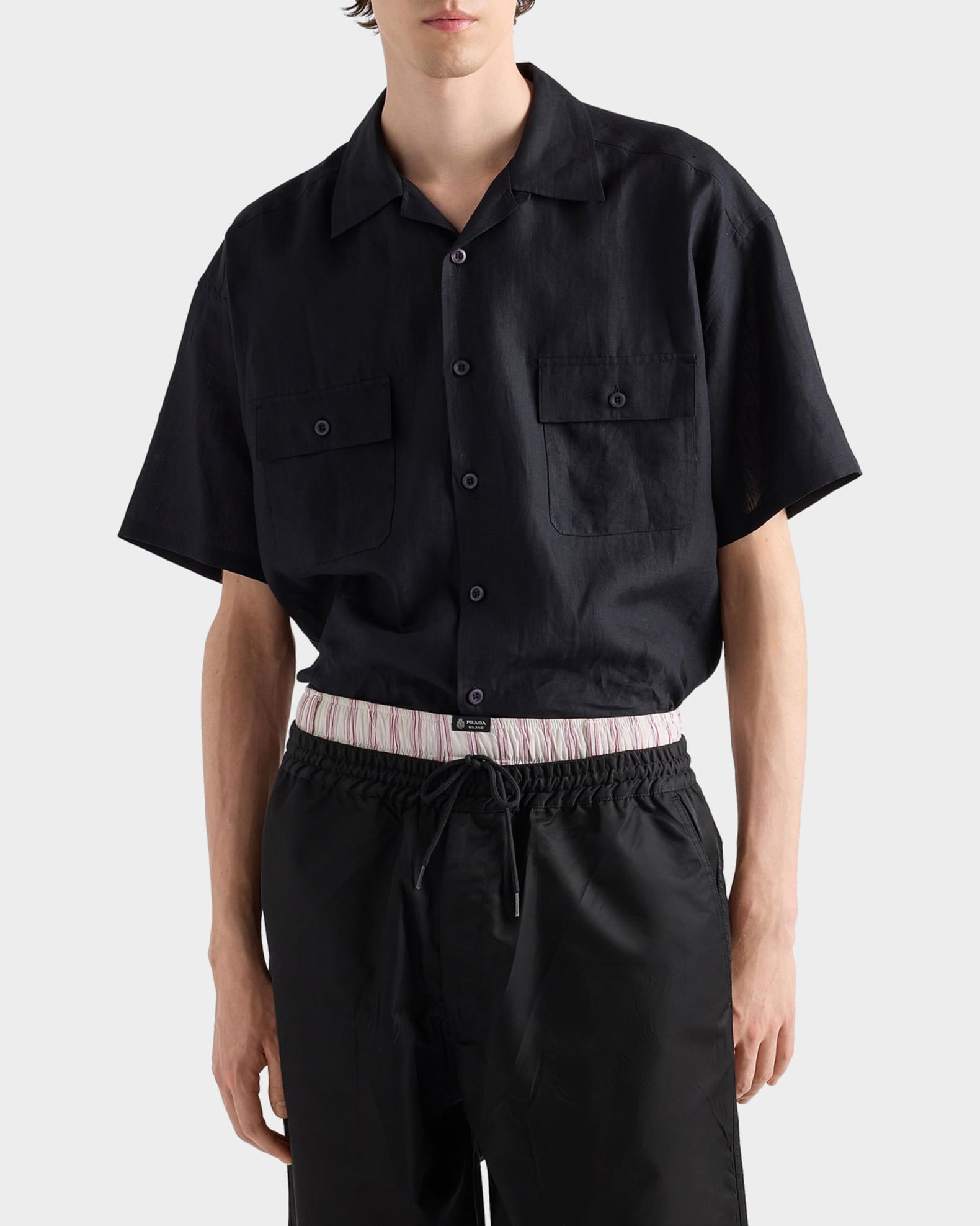プラダ　コットンテリー　ボウリングシャツ　半袖　パイル　黒　Sサイズ Prada Linen Bowling Shirt | Neiman Marcus