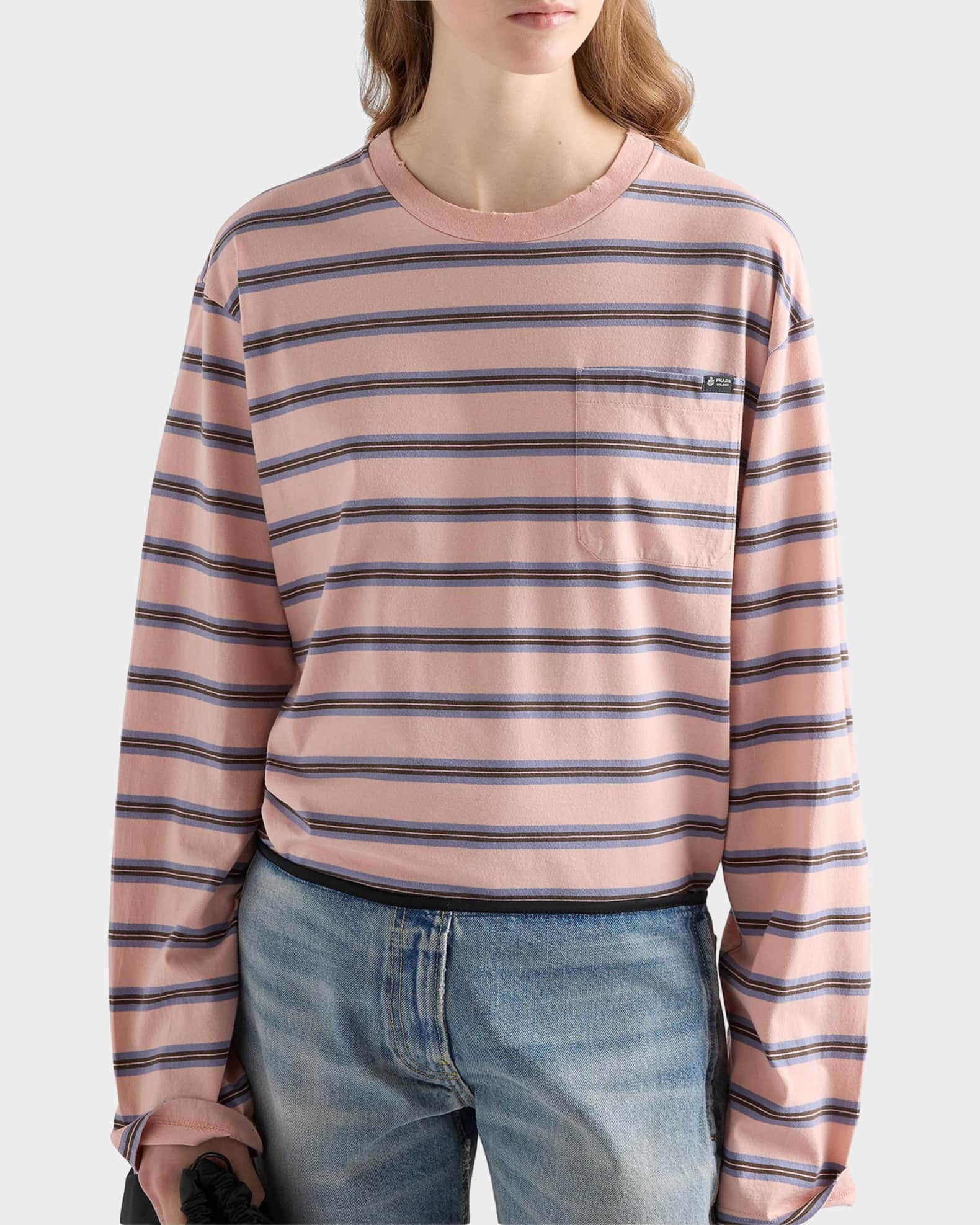Prada Long-Sleeved Striped Cotton Jersey T-Shirt | Neiman Marcus