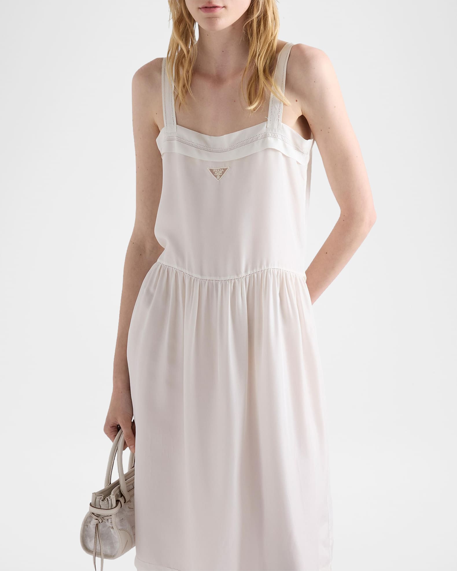 prada ladies dresses logo-intarsia Silk Midi Dress | Neutrals Versatile styling options Prada Short-sleeved Re-Nylon Dress, Woman,