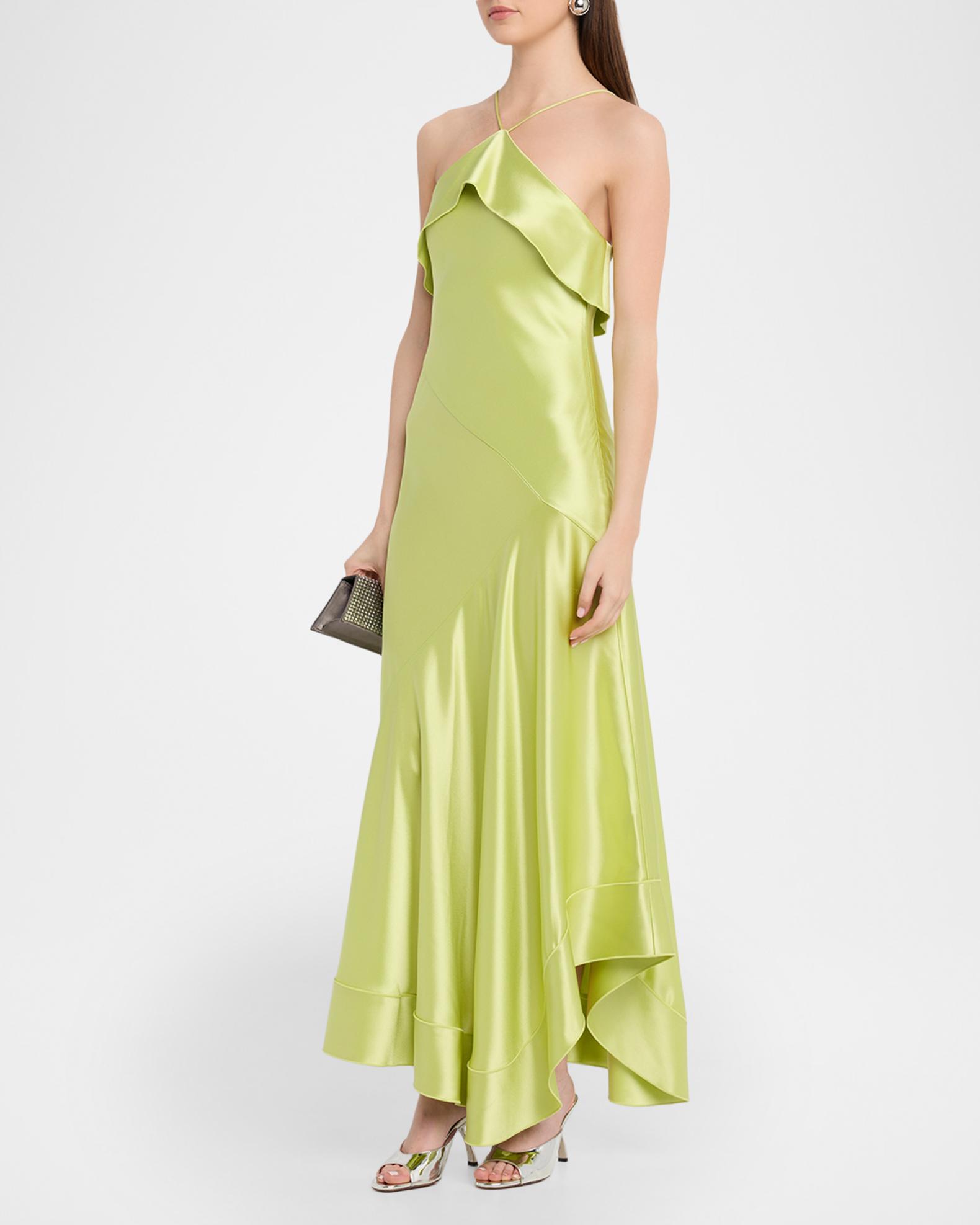 Acler Marara Asymmetric-Hem Satin Maxi Dress, Honeydew, Women's, 4