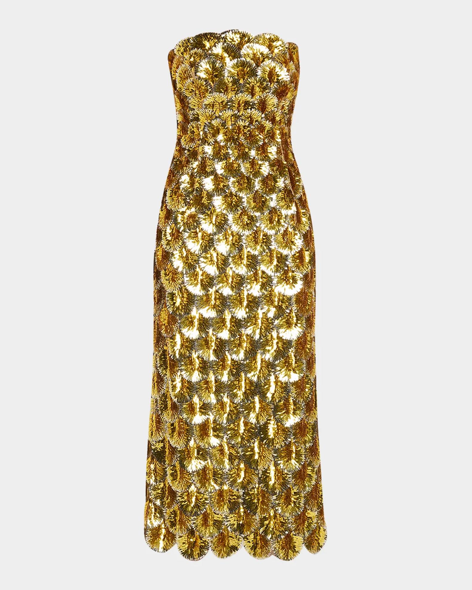 oscar de la renta cocktail dresses on sale Strapless Scallop Sequined Midi Dress Fringe dress Collection:Fields of Gold junior bridesmaid dresses Venya One-Shoulder Draped Mini length dress