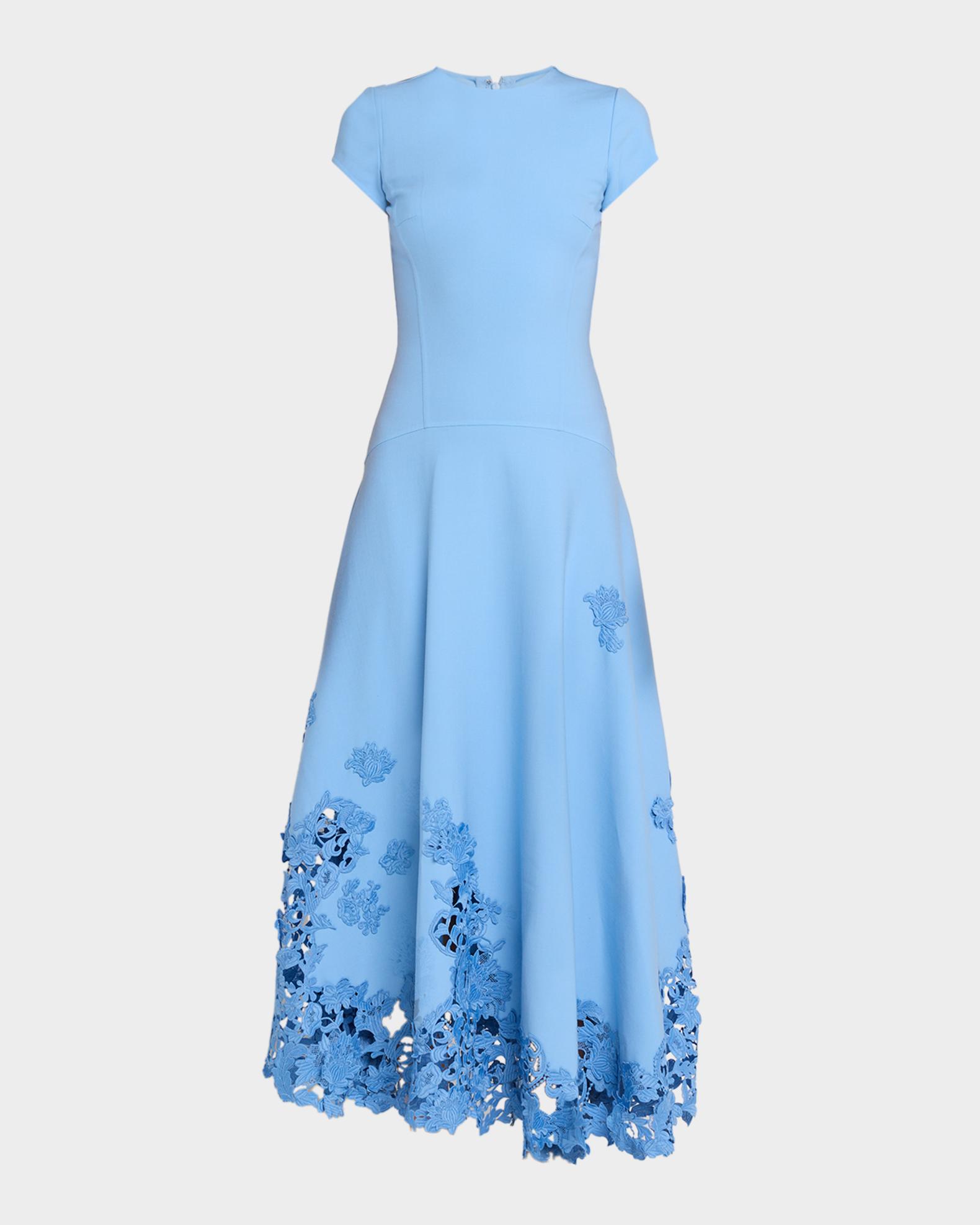 short sleeve ankle length dress Oscar de la Renta Women's 3D Guipure Virgin Wool-Blend Day - Talc Blue Color:Light Green takers and adventure Labor Day Sale Maxi Dress Black Long