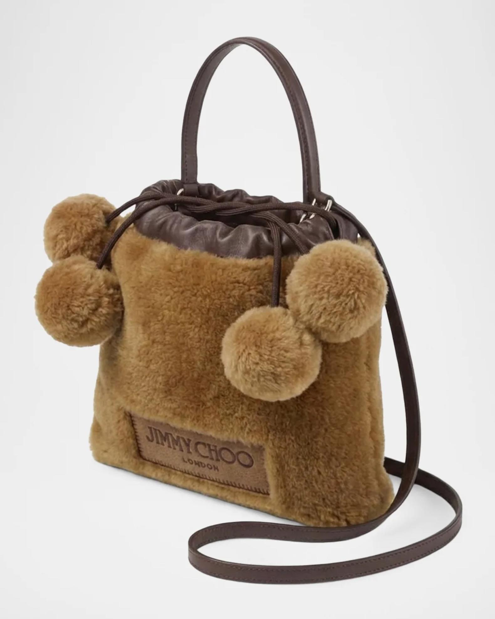 Jimmy Choo Mini Shearling-Trim Leather Drawstring Pouch Bag