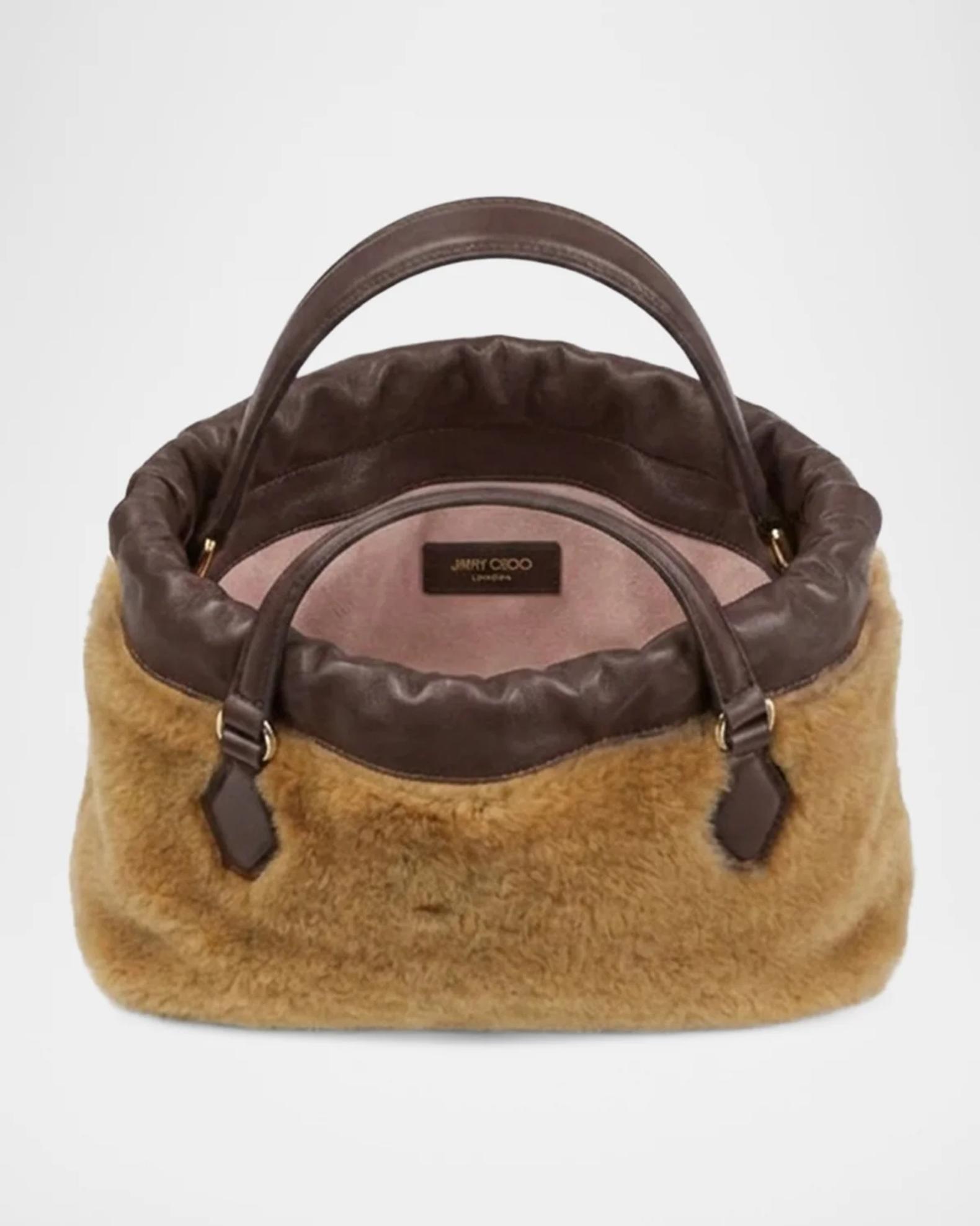 Jimmy Choo Mini Shearling-Trim Leather Drawstring Pouch Bag