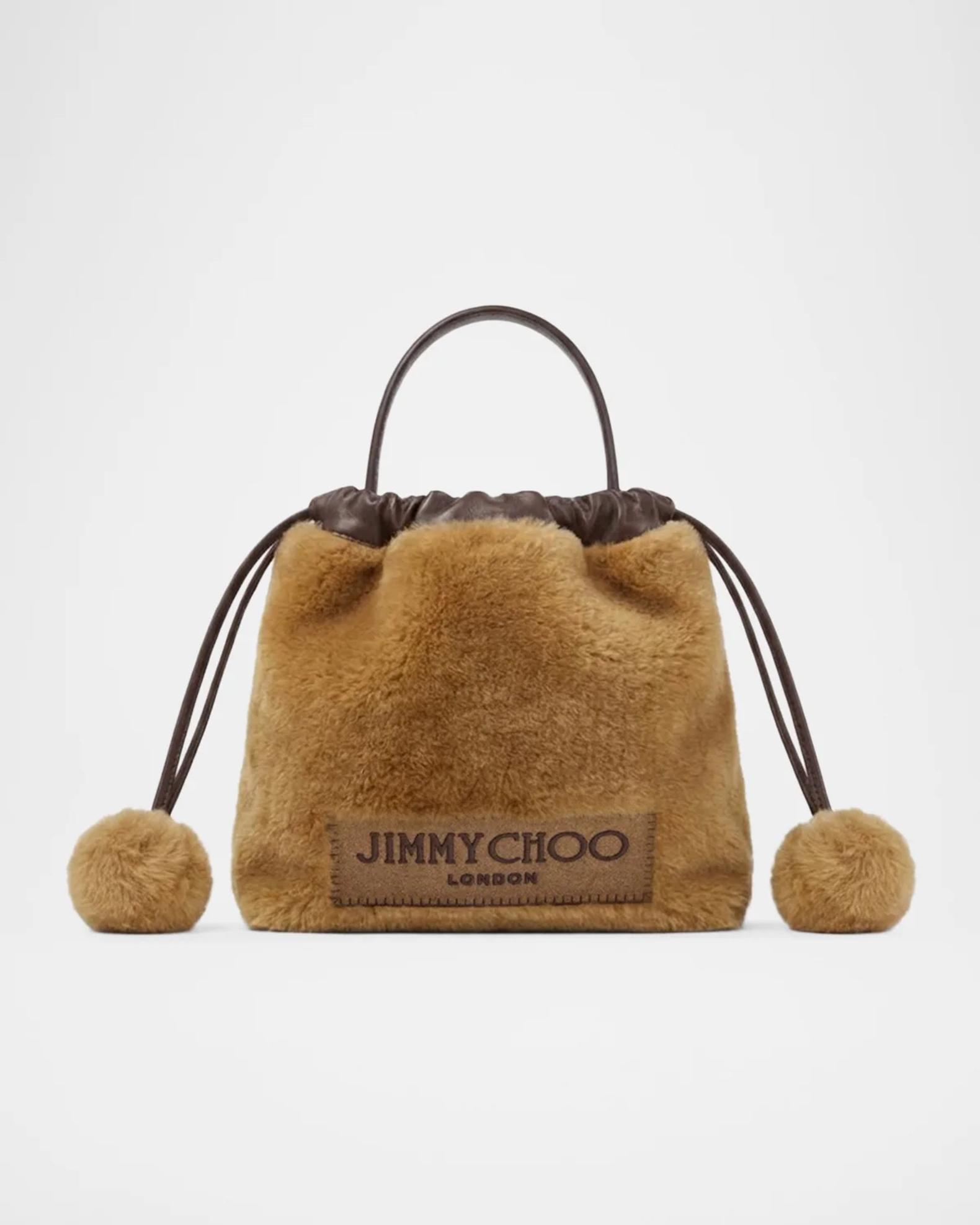Jimmy Choo Mini Shearling-Trim Leather Drawstring Pouch Bag