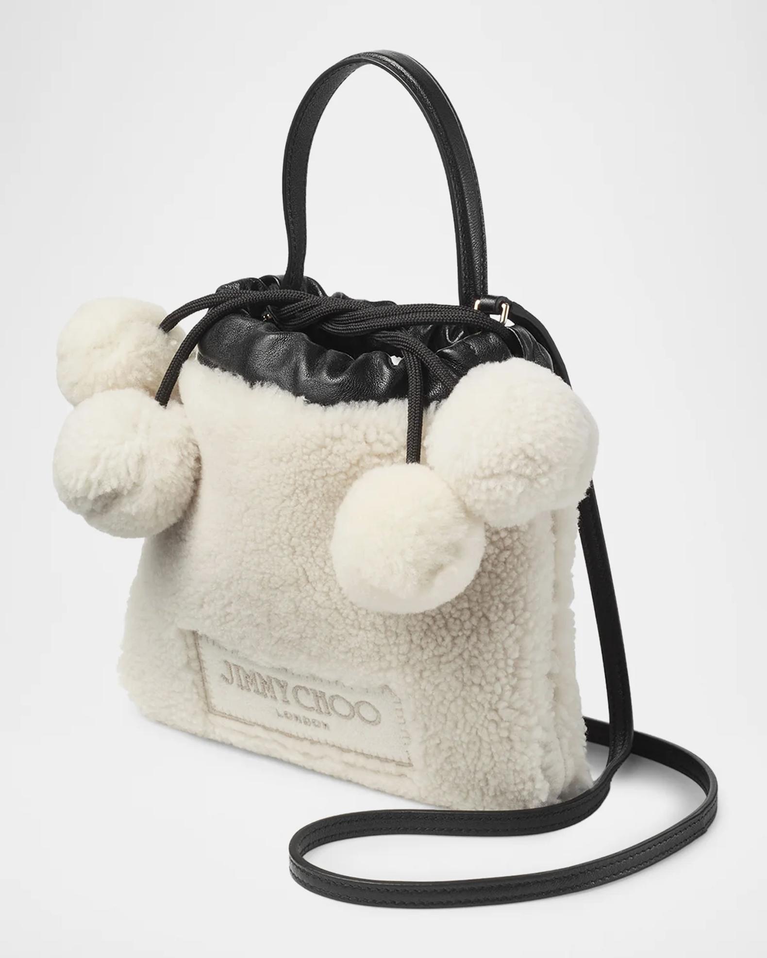 Jimmy Choo Mini Shearling Pom-Pom Drawstring Pouch Bag | Neiman Marcus