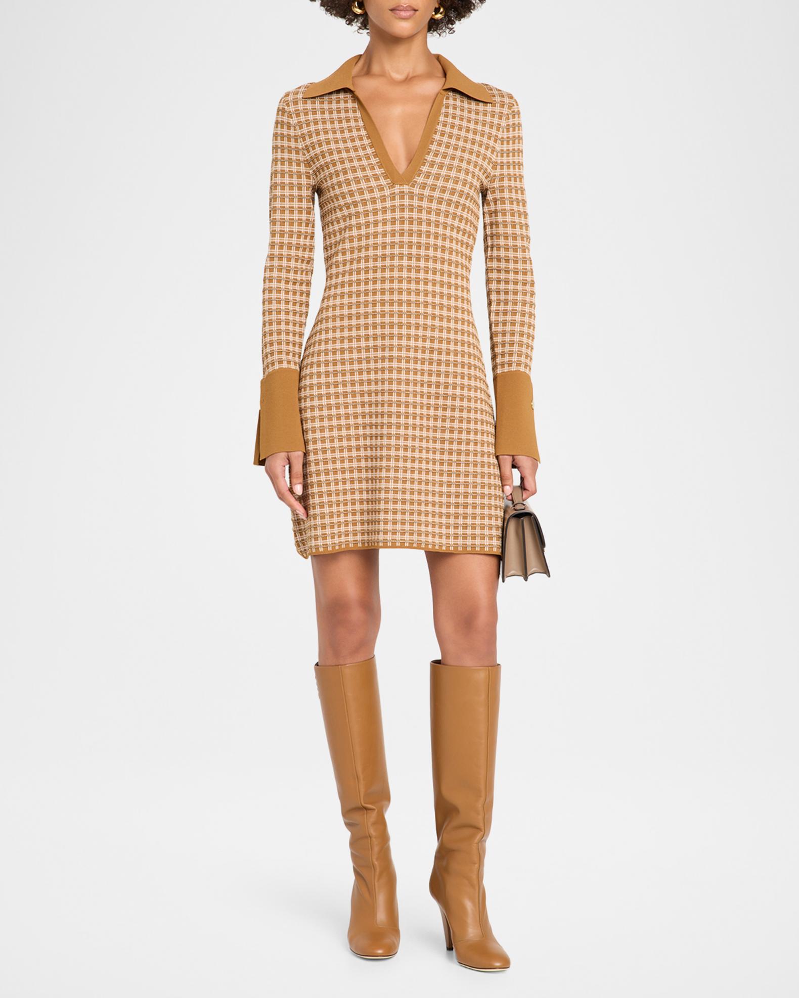 Veronica Beard Celena Plaid Knit V-Neck Mini Dress | Neiman Marcus