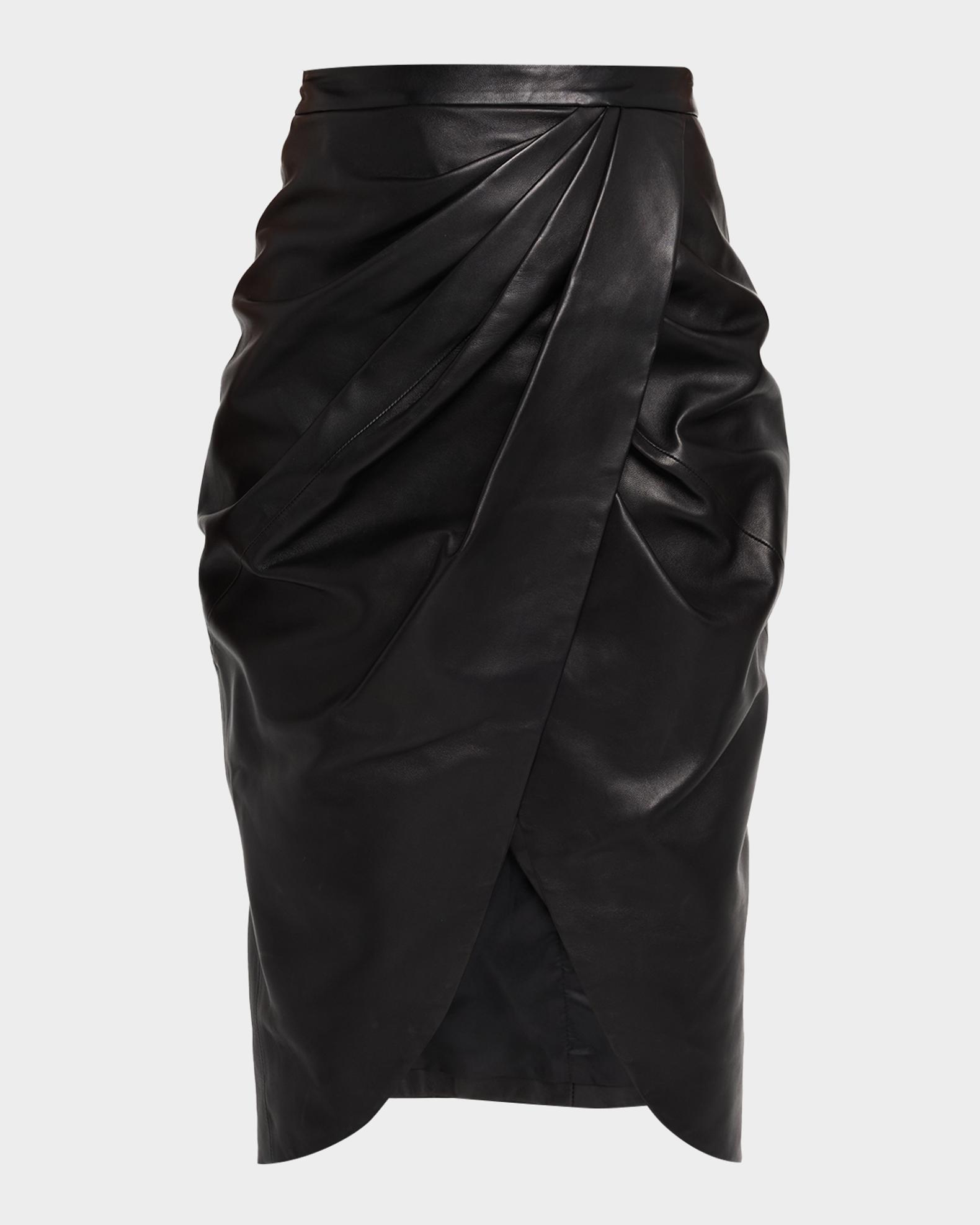 Balmain High-Waist Draped Lambskin Midi Skirt | Neiman Marcus