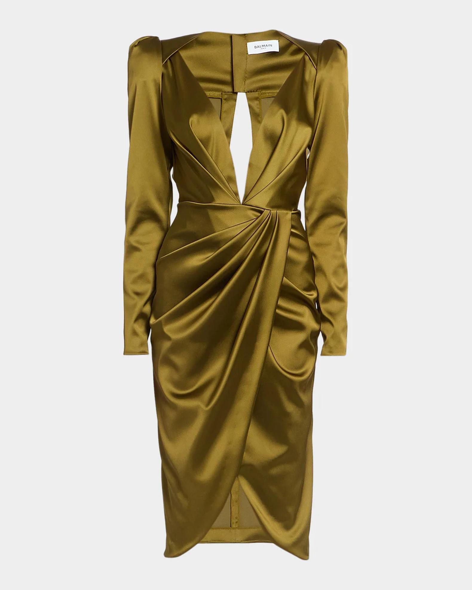balmain gold dress Draped Silk Satin Dress, Green Kaki Olive, Women's, 40 balmain pink dress