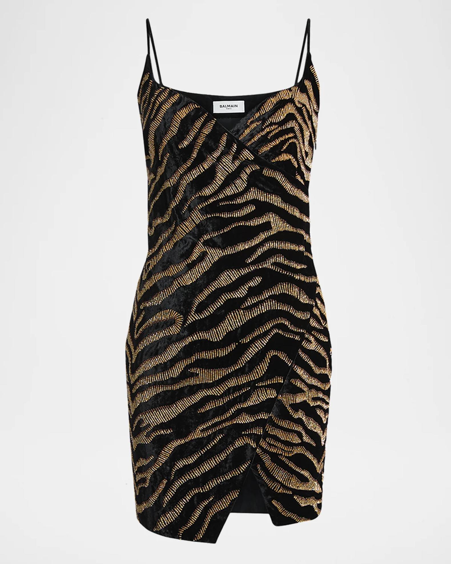Balmain Sleeveless Tiger Embroidered Velvet Mini Wrap Dress | Neiman Marcus