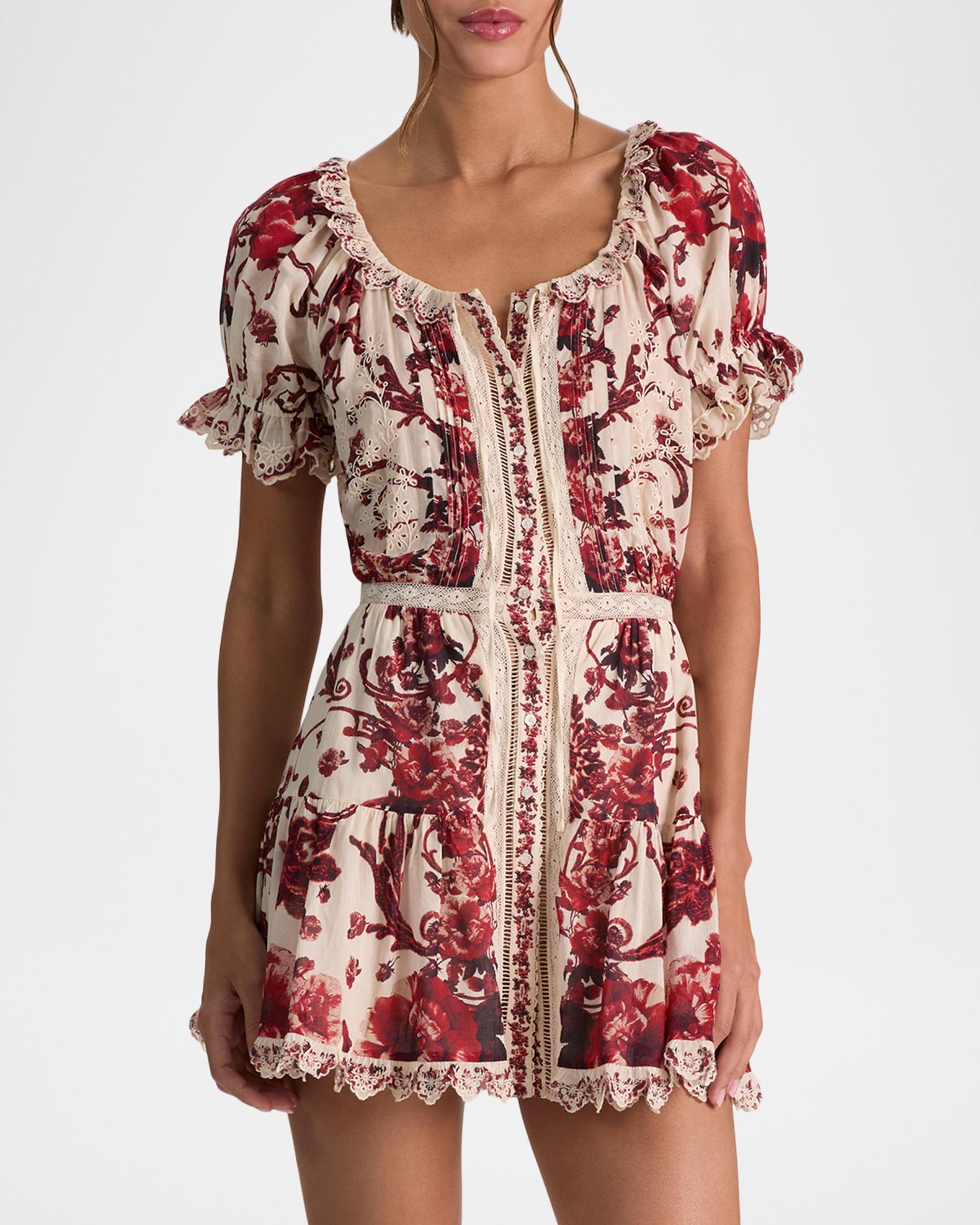 ALICE + OLIVIA McLaine Embroidered Puff-Sleeve Mini Dress | Neiman