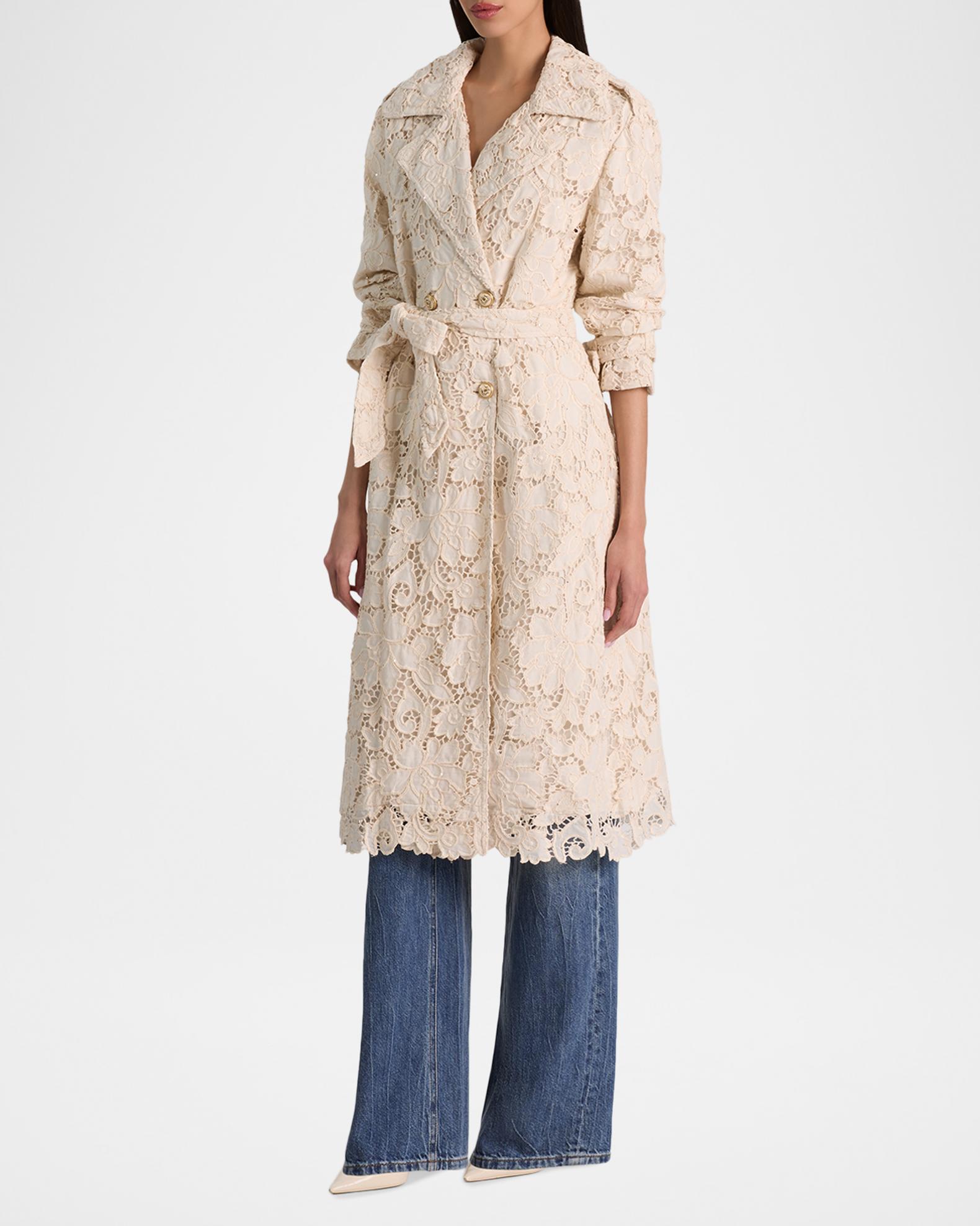 ALICE + OLIVIA Keith Eyelet Midi Trench Coat | Neiman Marcus
