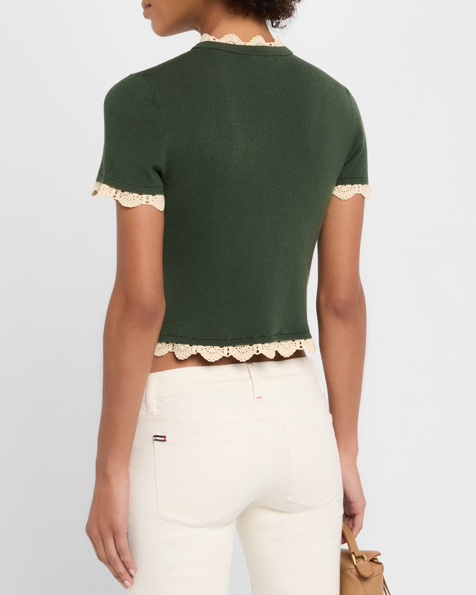 ALICE + OLIVIA Ciara Crochet-Trim Ribbed Cardigan | Neiman Marcus