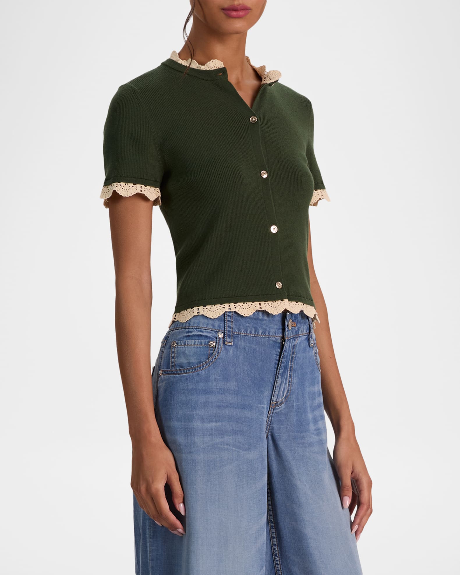 ALICE + OLIVIA Ciara Crochet-Trim Ribbed Cardigan | Neiman Marcus