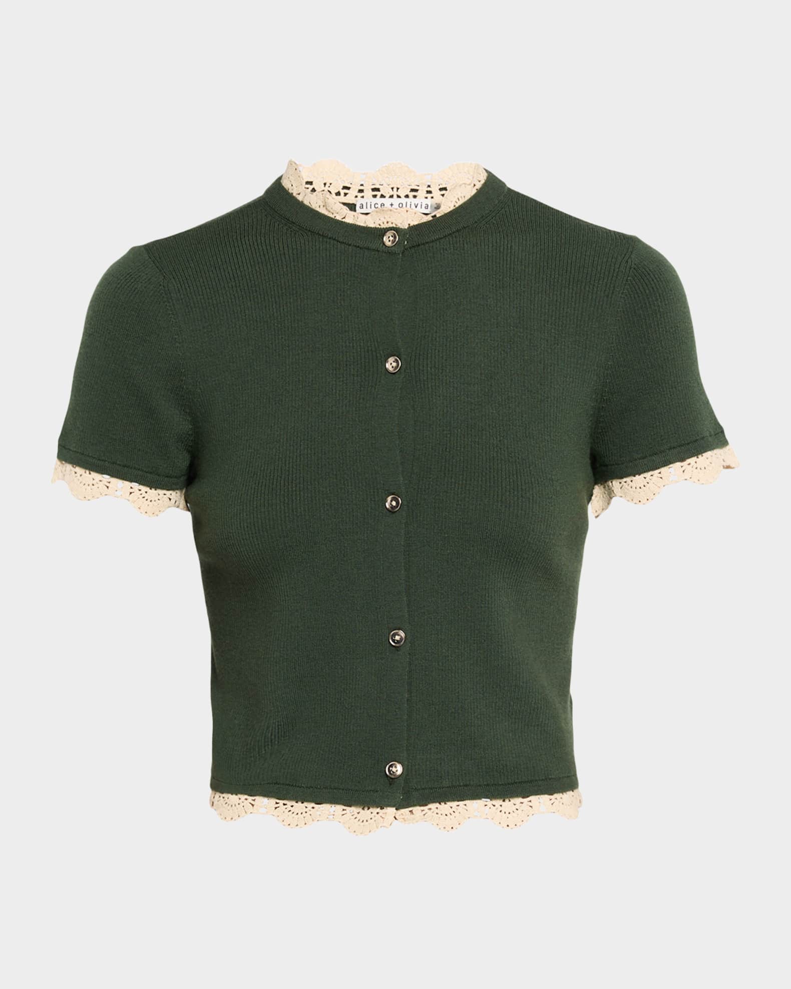 ALICE + OLIVIA Ciara Crochet-Trim Ribbed Cardigan | Neiman Marcus