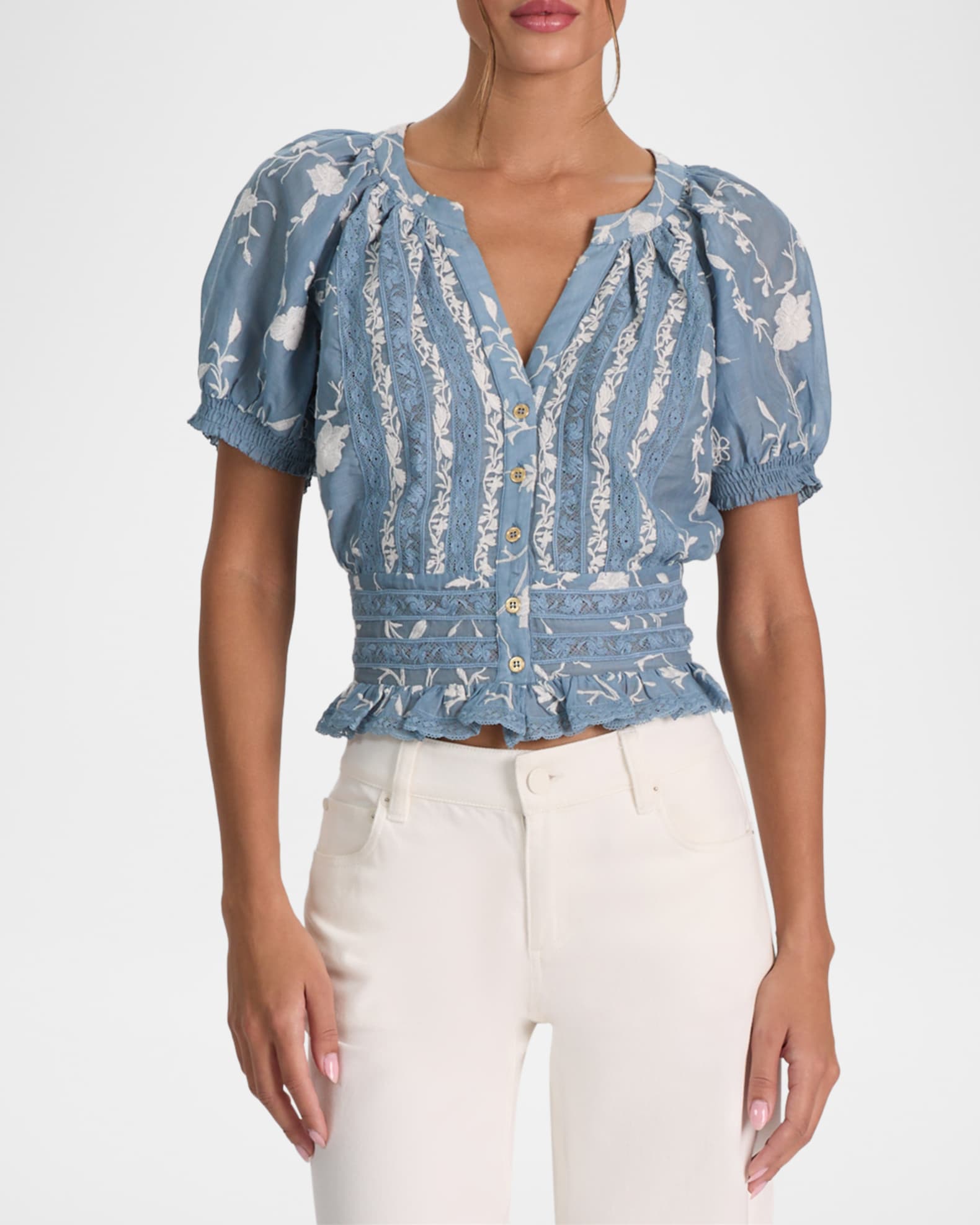 ALICE + OLIVIA Kathryn Embroidered Short-Sleeve Blouse | Neiman Marcus