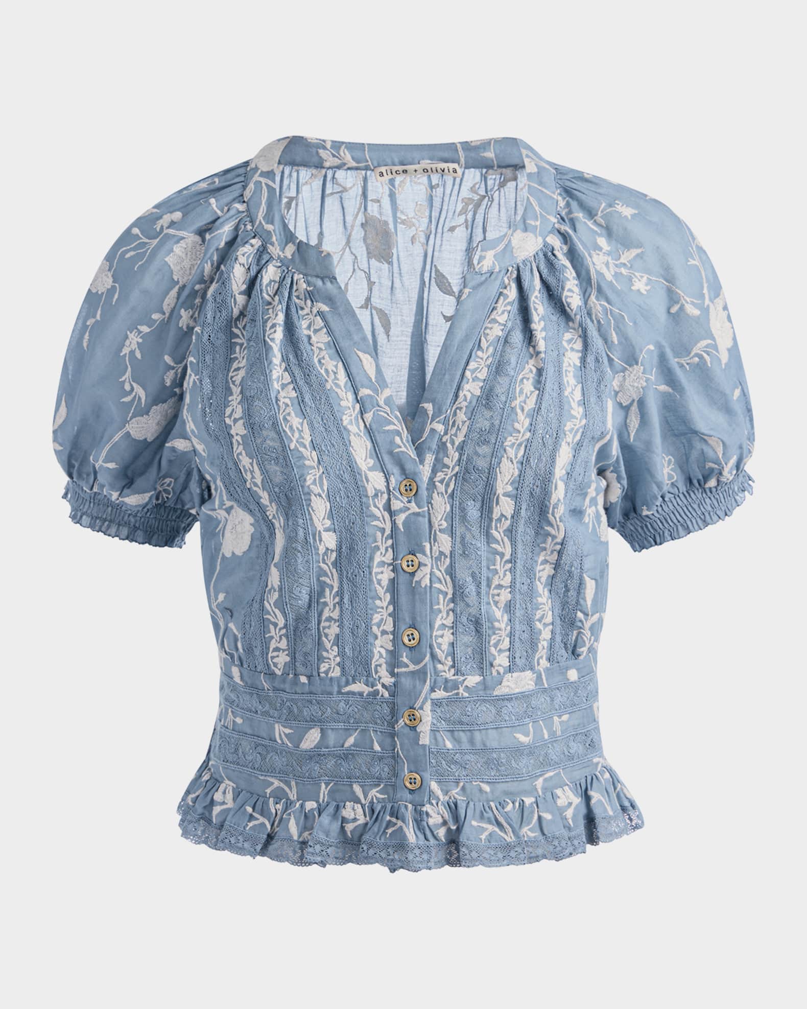 ALICE + OLIVIA Kathryn Embroidered Short-Sleeve Blouse | Neiman Marcus