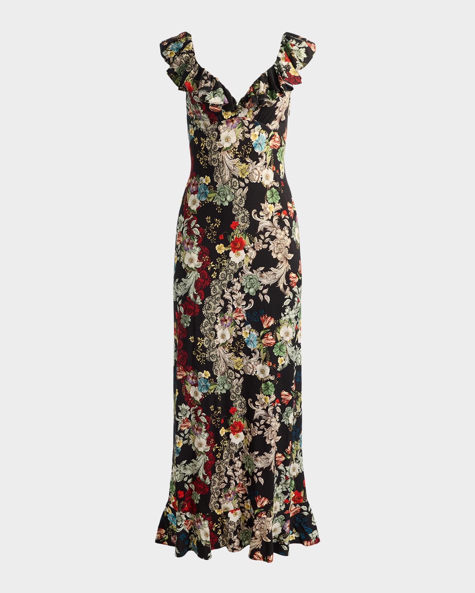 ALICE + OLIVIA Gemma Floral Ruffle-Trim Maxi Dress | Neiman Marcus