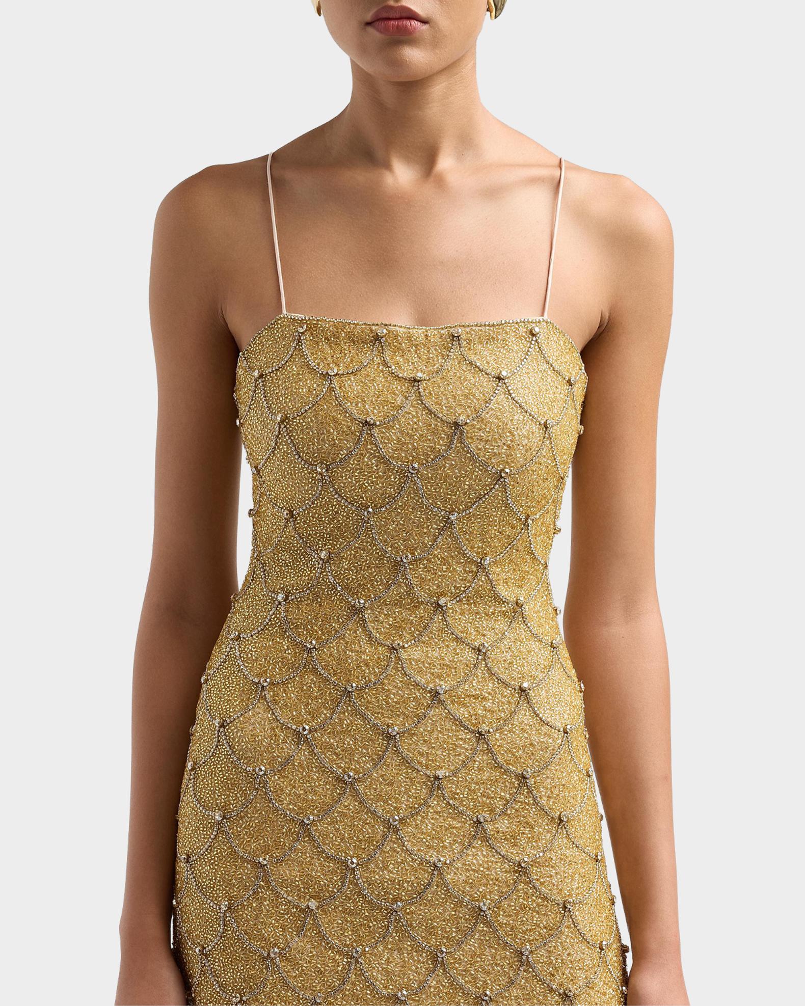 gold strappy sequin square neck bodycon dress ALICE + OLIVIA Nina Embellished Scallop Mini catching dress styles designed
