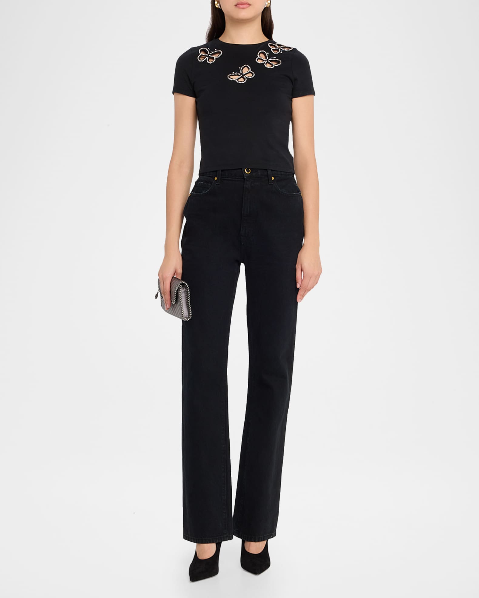 ALICE + OLIVIA Cindy Embellished Butterfly Cropped T-Shirt