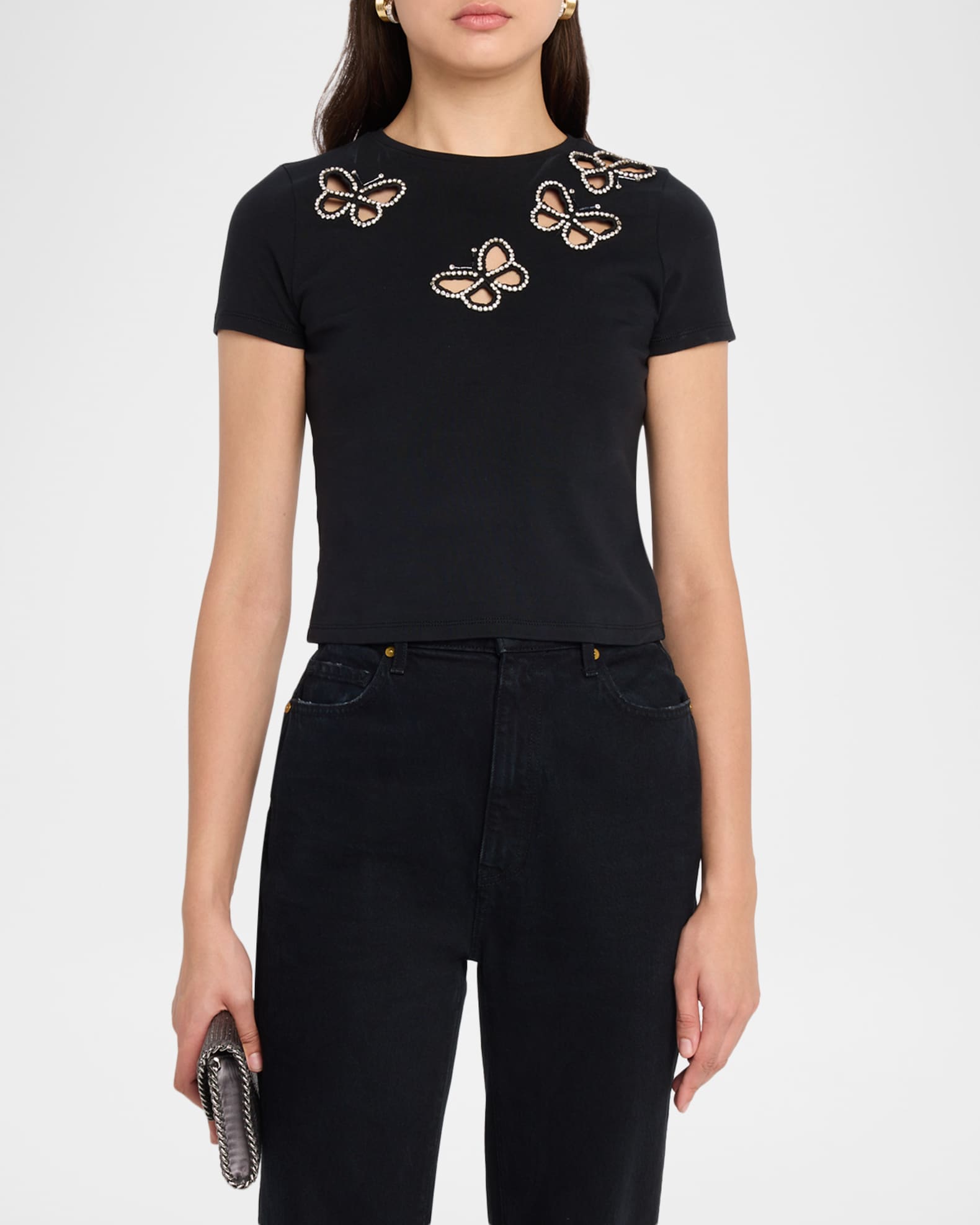 ALICE + OLIVIA Cindy Embellished Butterfly Cropped T-Shirt