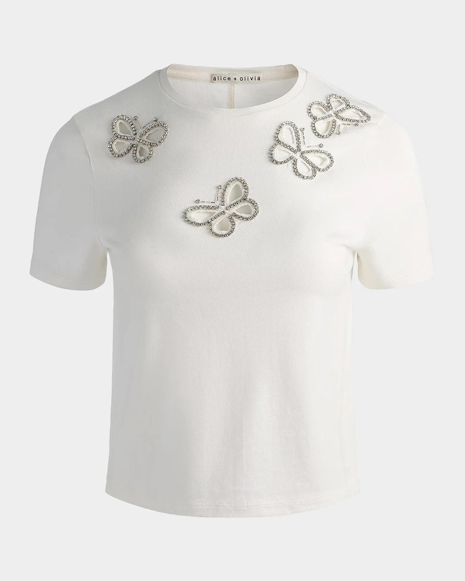 ALICE + OLIVIA Cindy Embellished Butterfly Cropped T-Shirt