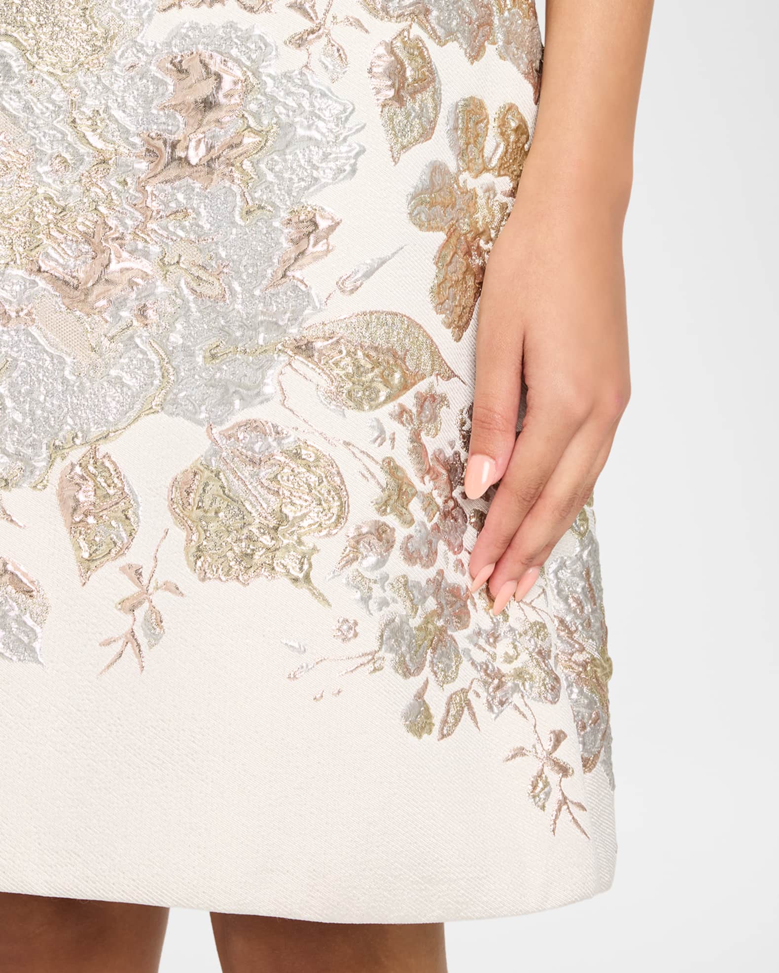 shine for us cream metallic tropical jacquard mini dress Shine for Us Shiny Rose Pink Tropical Jacquard Mini Dress