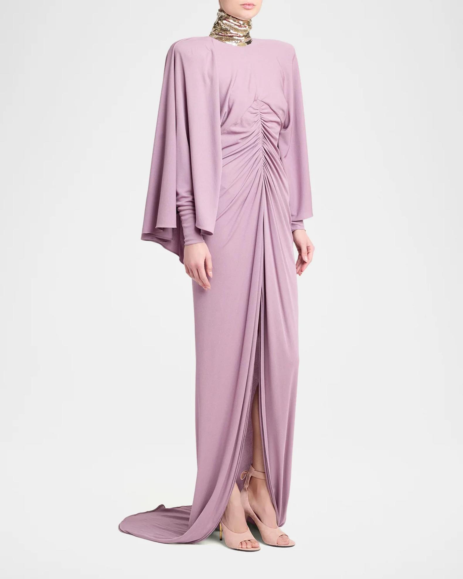 Sequined Turtleneck Draped Cape Backless Gown