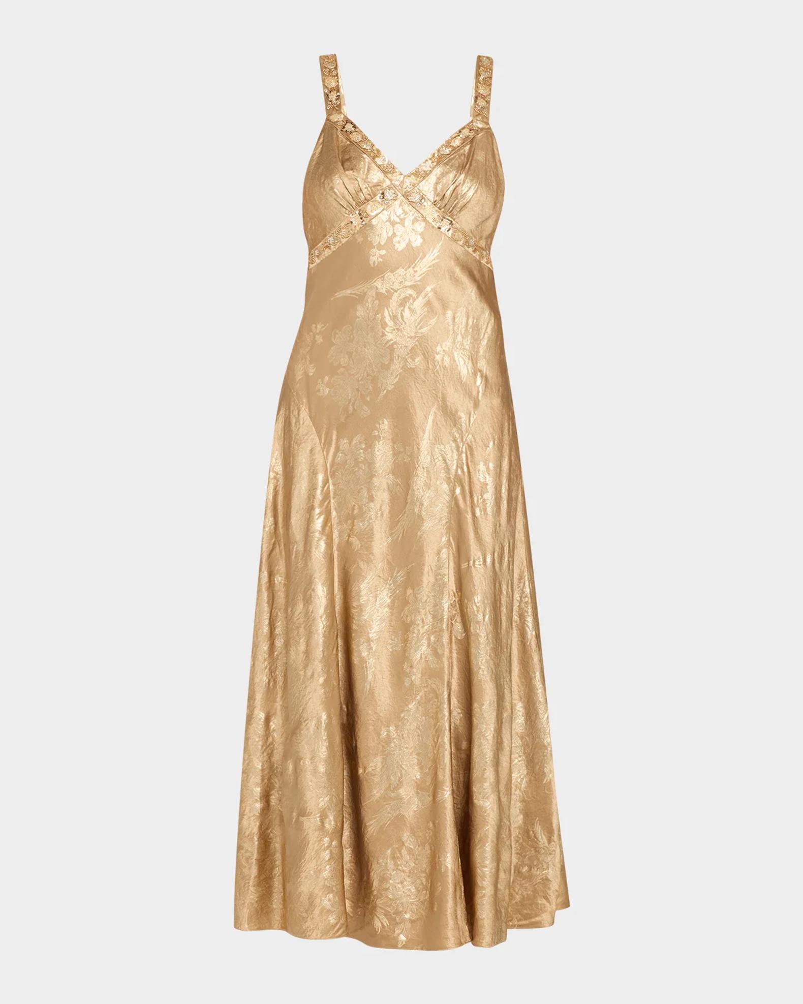 Cinq à Sept Thalie Gilded Peony Jacquard Embellished Sleeveless Midi Dress