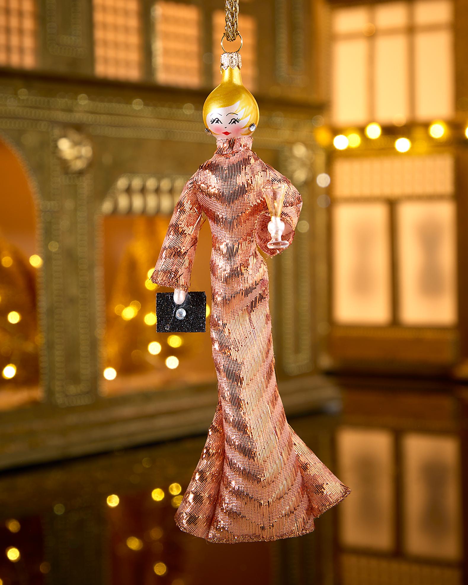 De Carlini Fashionista in Gold High-Neck Gown Christmas Ornament