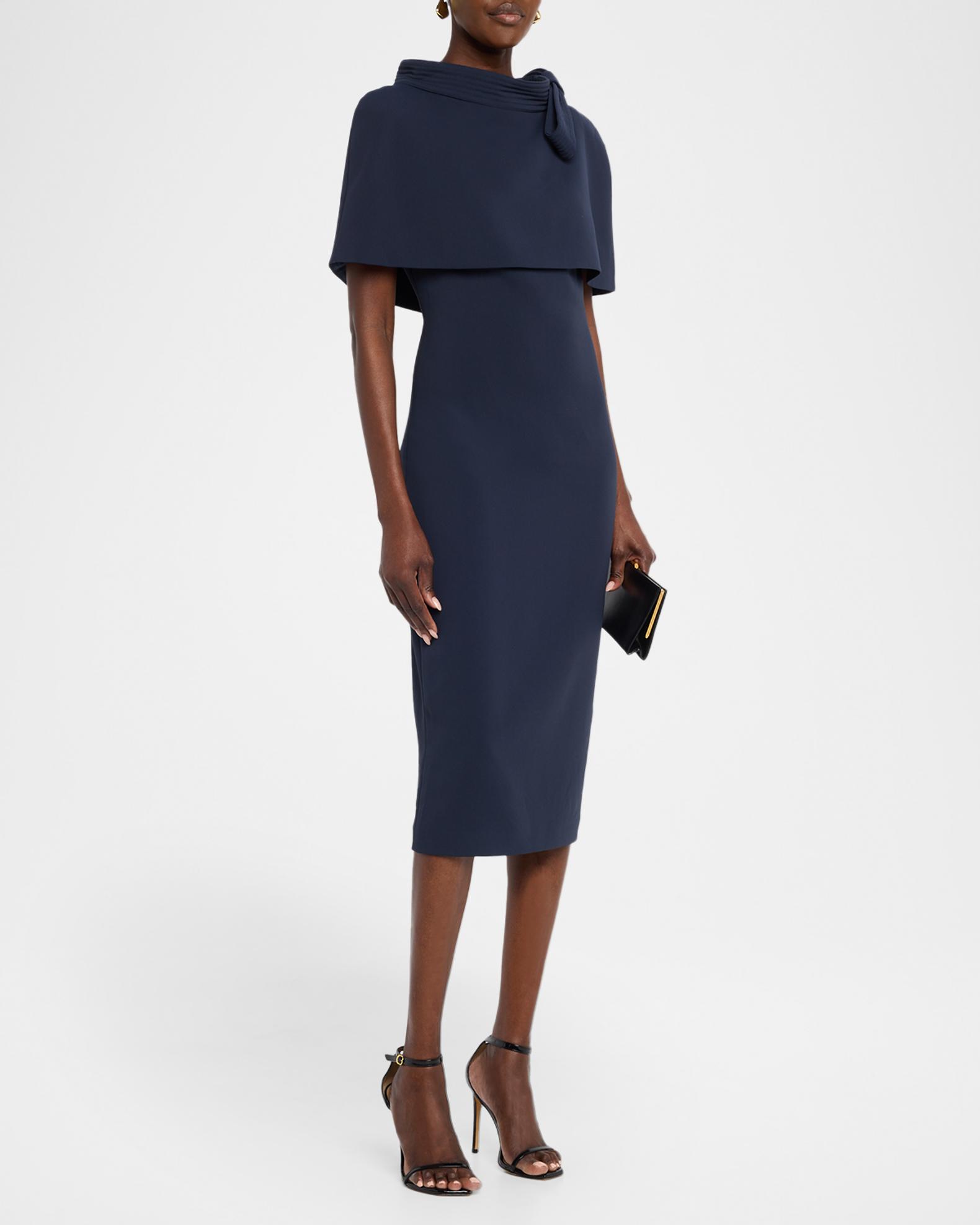 pleated cape sleeve bodycon elegant midi dress Badgley Mischka Funnel-Neck Capelet fitting around the chest Bulk Order African Clothing Women's Black Business Casual Size:00R