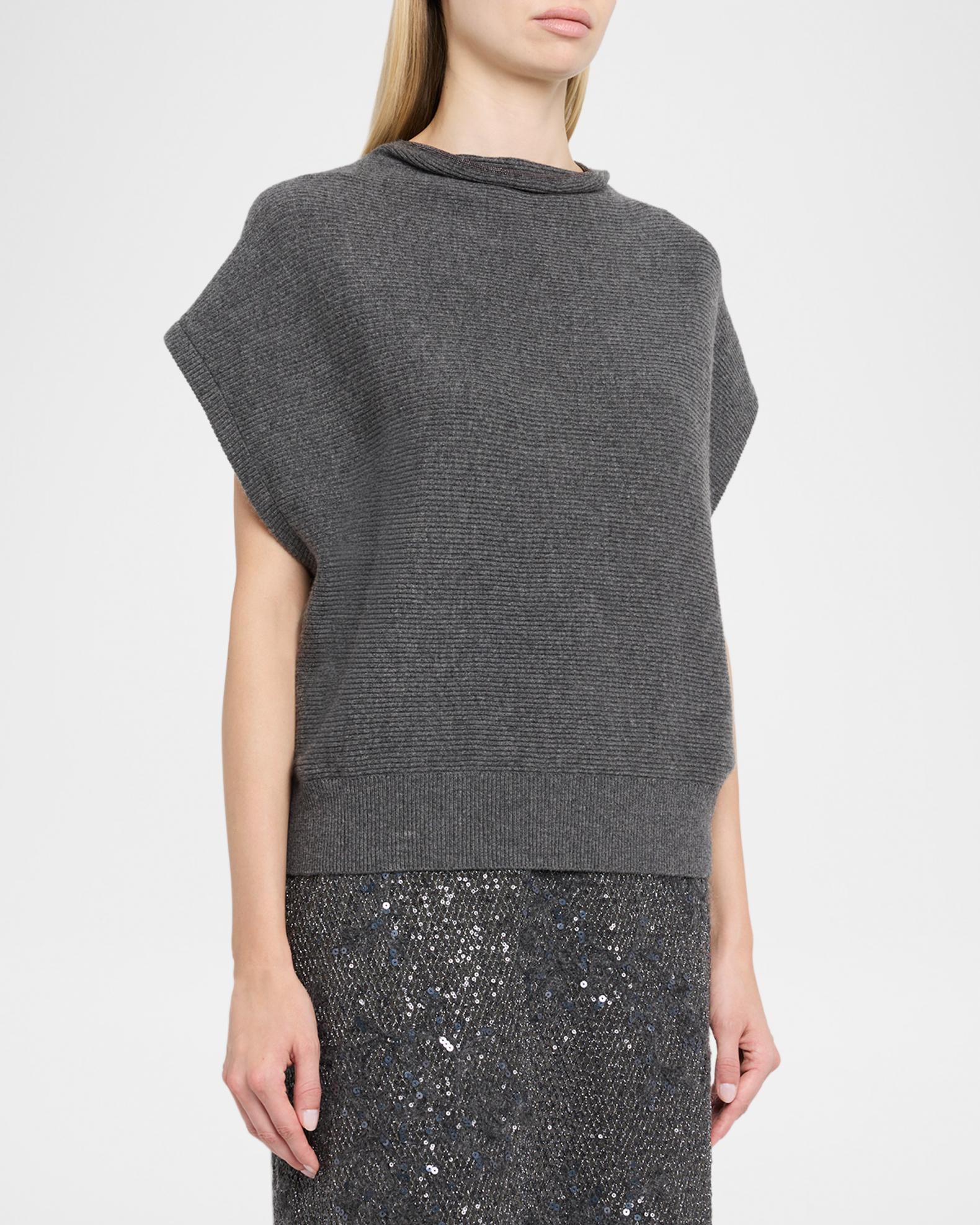 Brunello Cucinelli Monili Mock-Neck Cotton Rib Cap-Sleeve Sweater