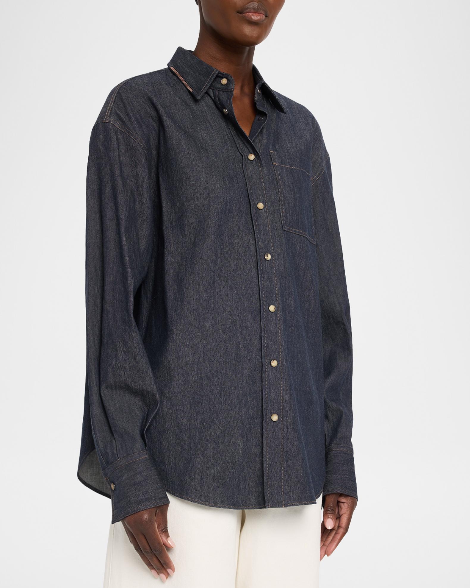 Brunello Cucinelli Monili-Trim Denim Oversized Shirt | Neiman Marcus