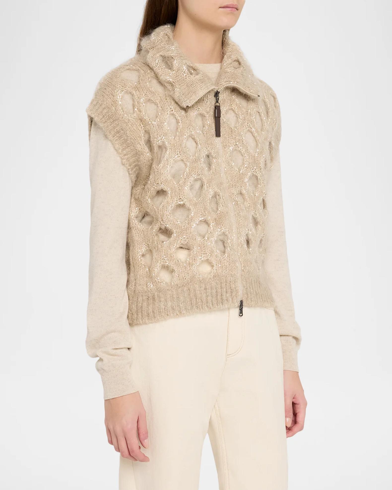 Brunello Cucinelli スパンコール付 ベスト Brunello Cucinelli Turtleneck Paillette Mohair-Blend Open Knit Zip