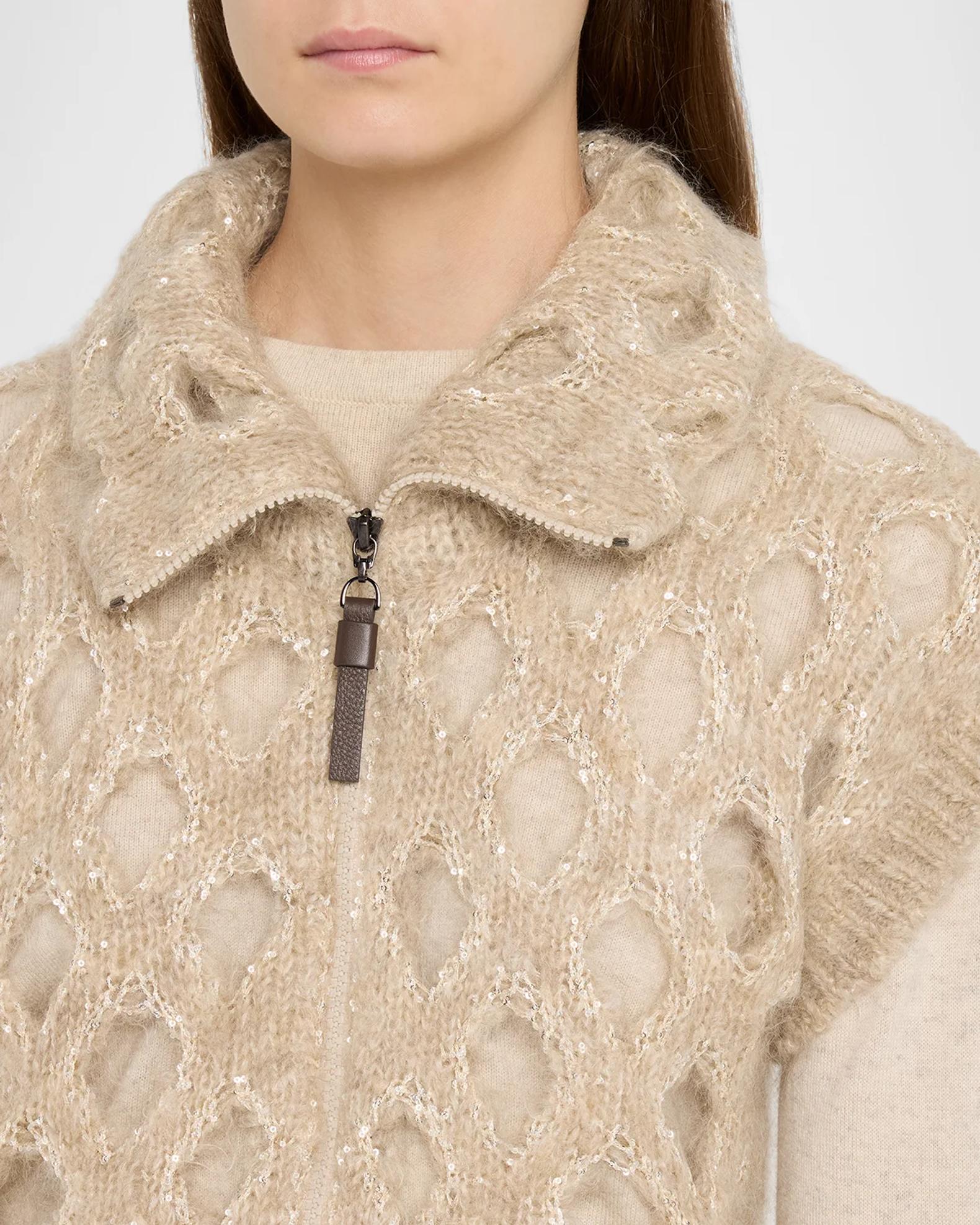 Brunello Cucinelli Turtleneck Paillette Mohair-Blend Open Knit Zip