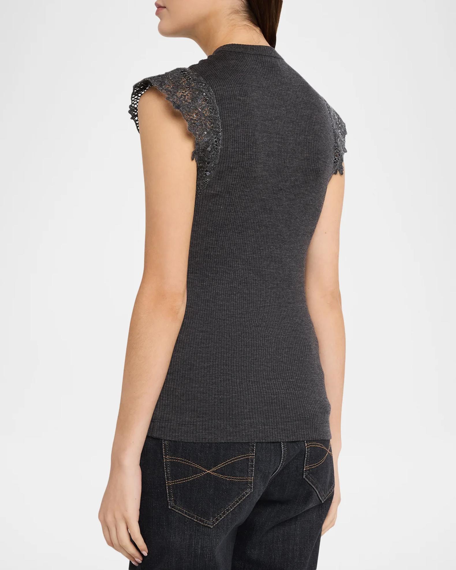 Brunello Cucinelli Shimmer Net Knit Cap-Sleeve Wool Jersey Rib Top ...