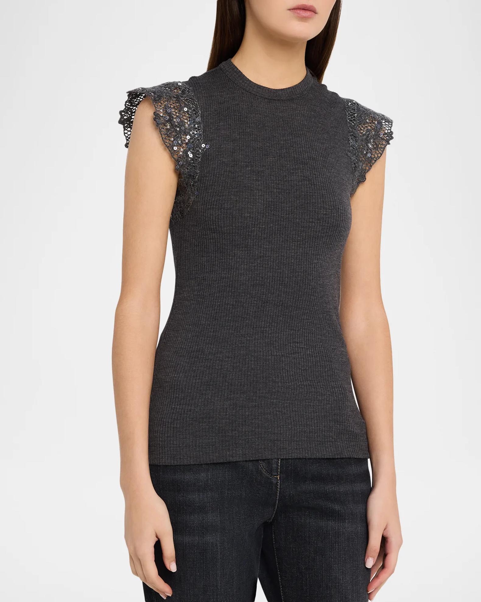 Brunello Cucinelliリブ.ウール.シルク切替トップス Brunello Cucinelli Shimmer Net Knit Cap-Sleeve Wool Jersey Rib Top