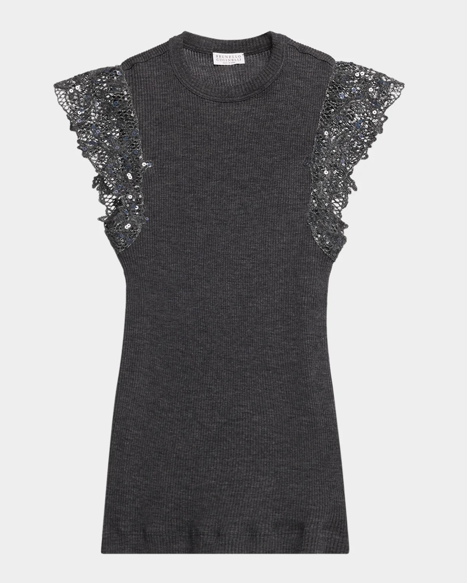 Brunello Cucinelli Shimmer Net Knit Cap-Sleeve Wool Jersey Rib Top