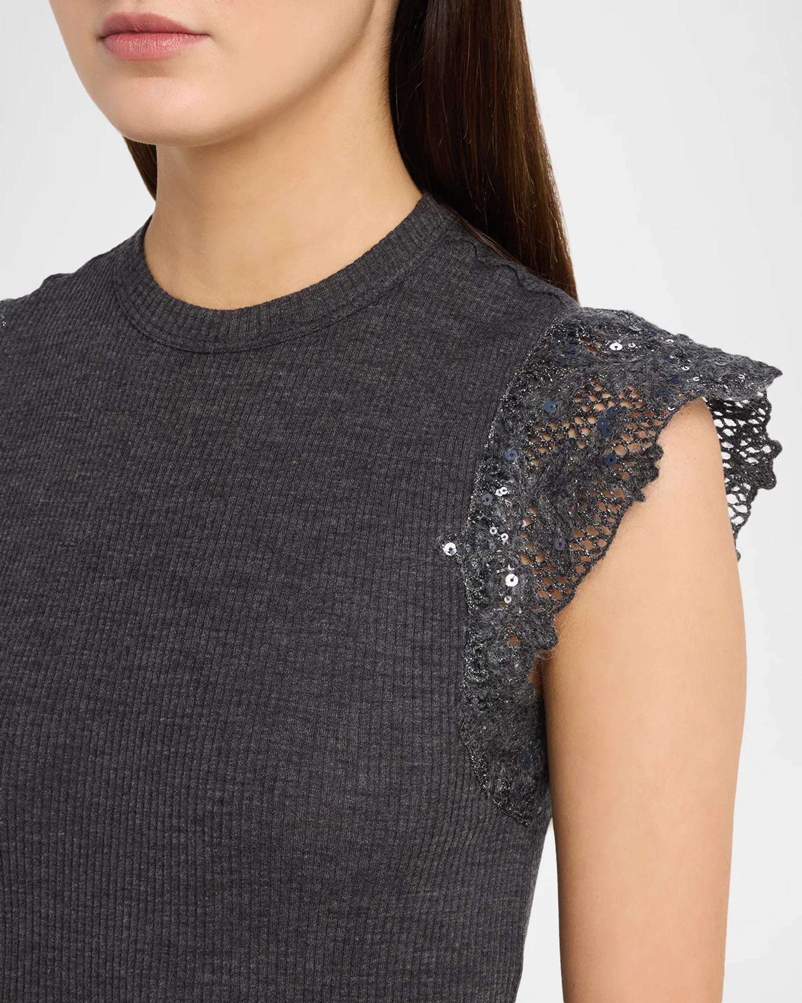 Brunello Cucinelli Shimmer Net Knit Cap-Sleeve Wool Jersey Rib Top ...